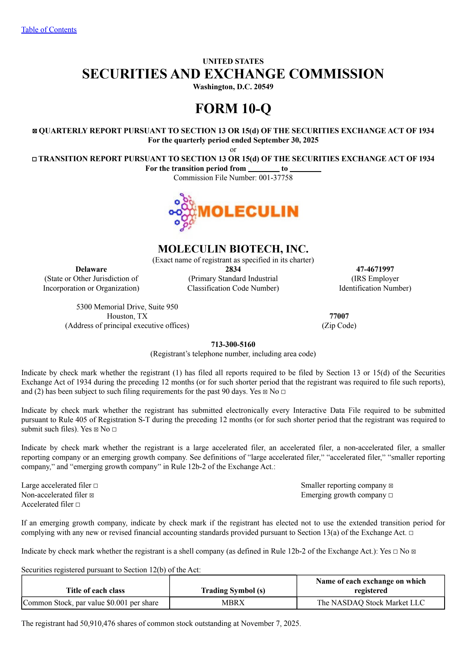 Moleculin Biotech's Q3 2025 Quarterly Report