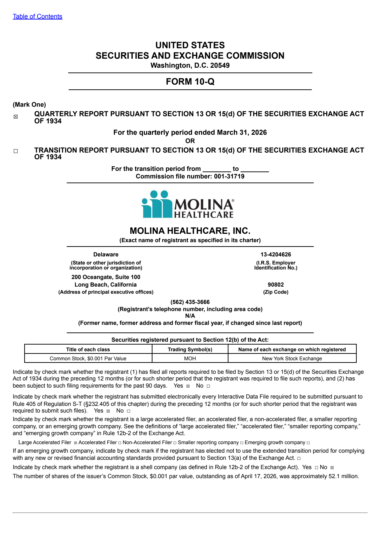 Molina Healthcare's Q1 2026 Quarterly report
