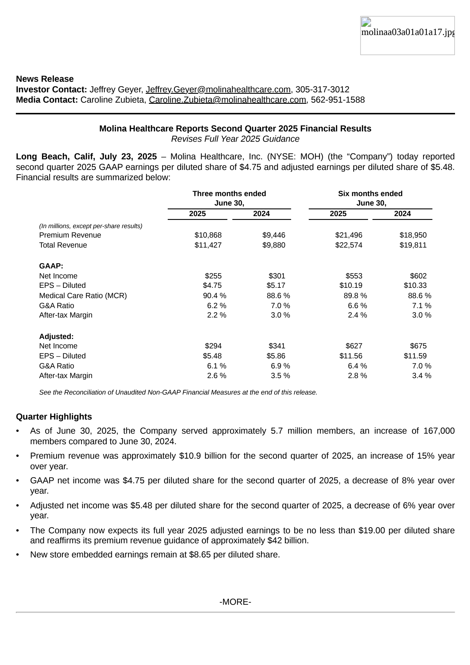 Molina Healthcare's Q2 2025 Press Release
