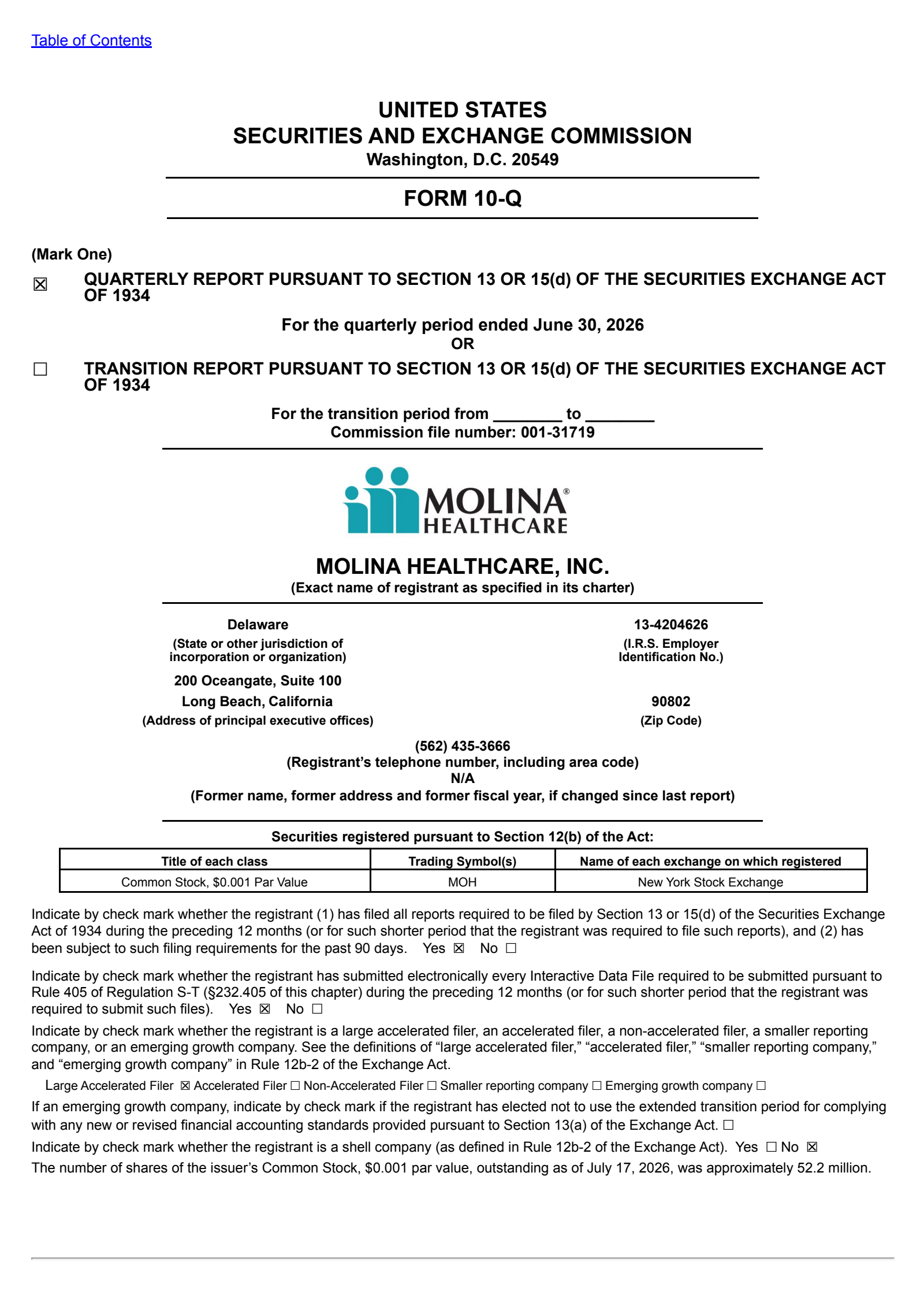 Molina Healthcare's Q2 2026 Quarterly report