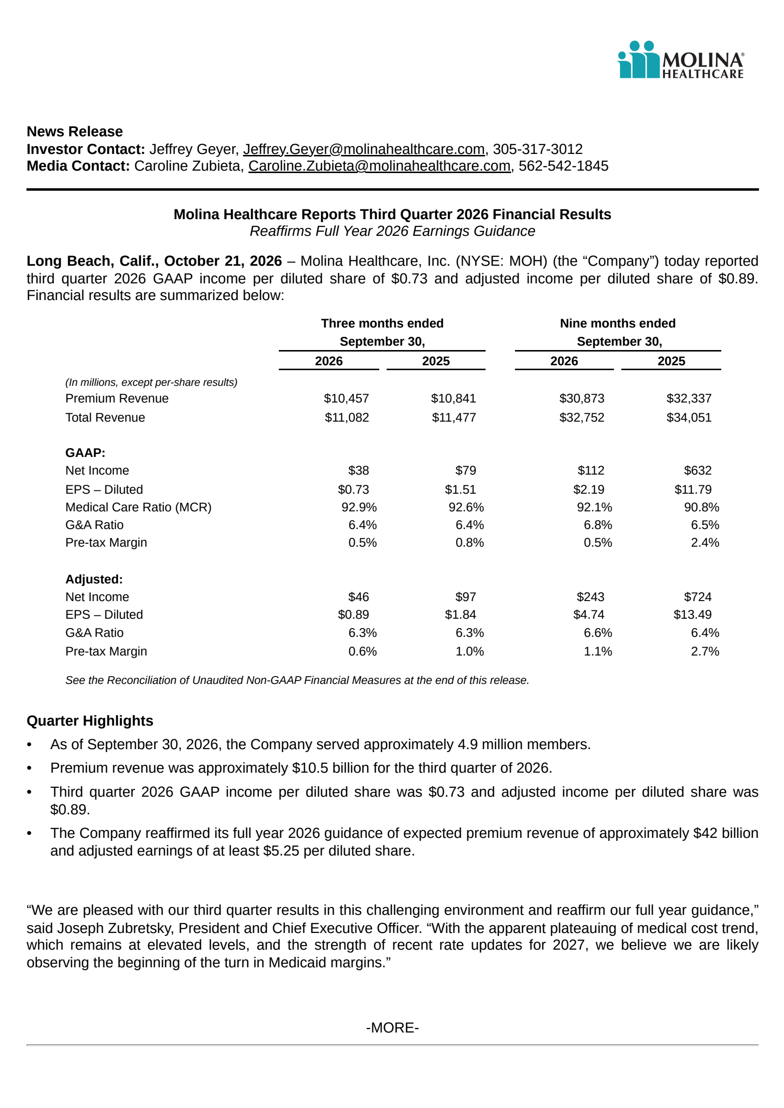 Molina Healthcare's Q3 2026 Press Release