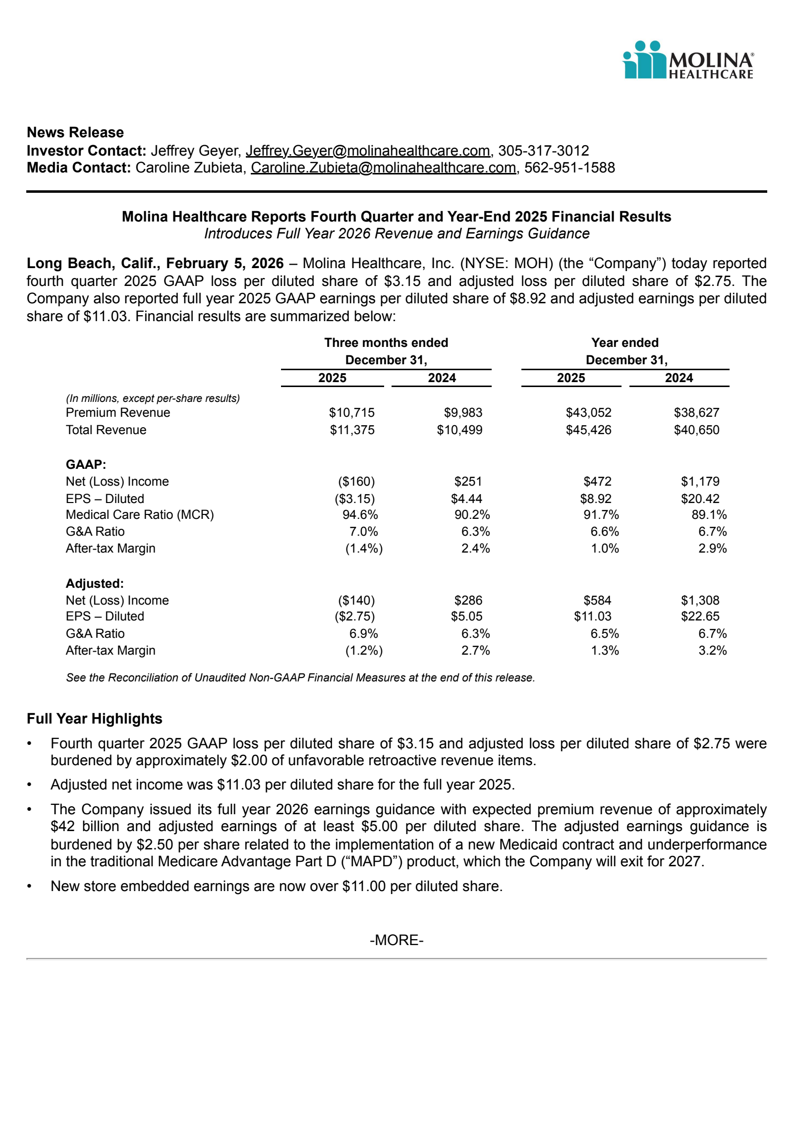 Molina Healthcare's Q4 2025 Press Release