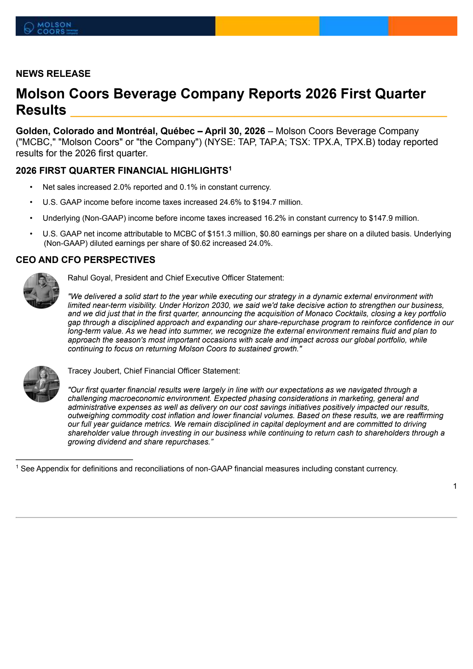 Molson Coors Beverage's Q1 2026 Press Release