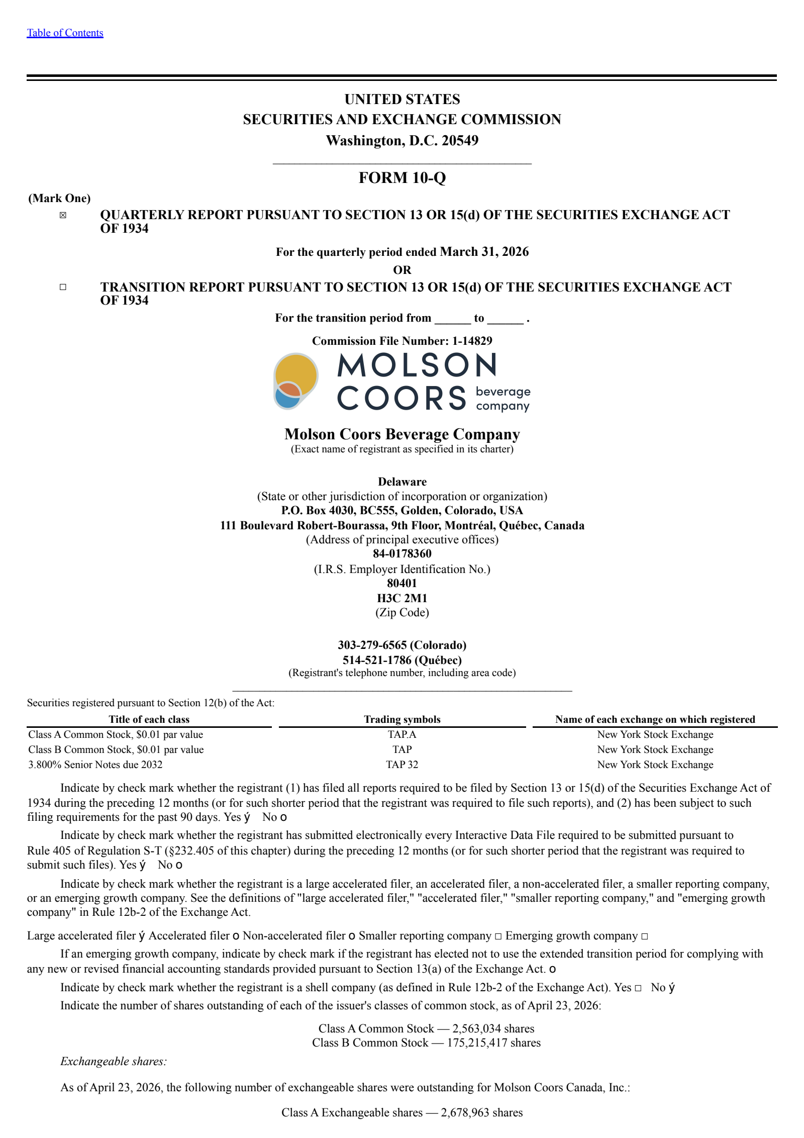 Molson Coors Beverage's Q1 2026 Quarterly report