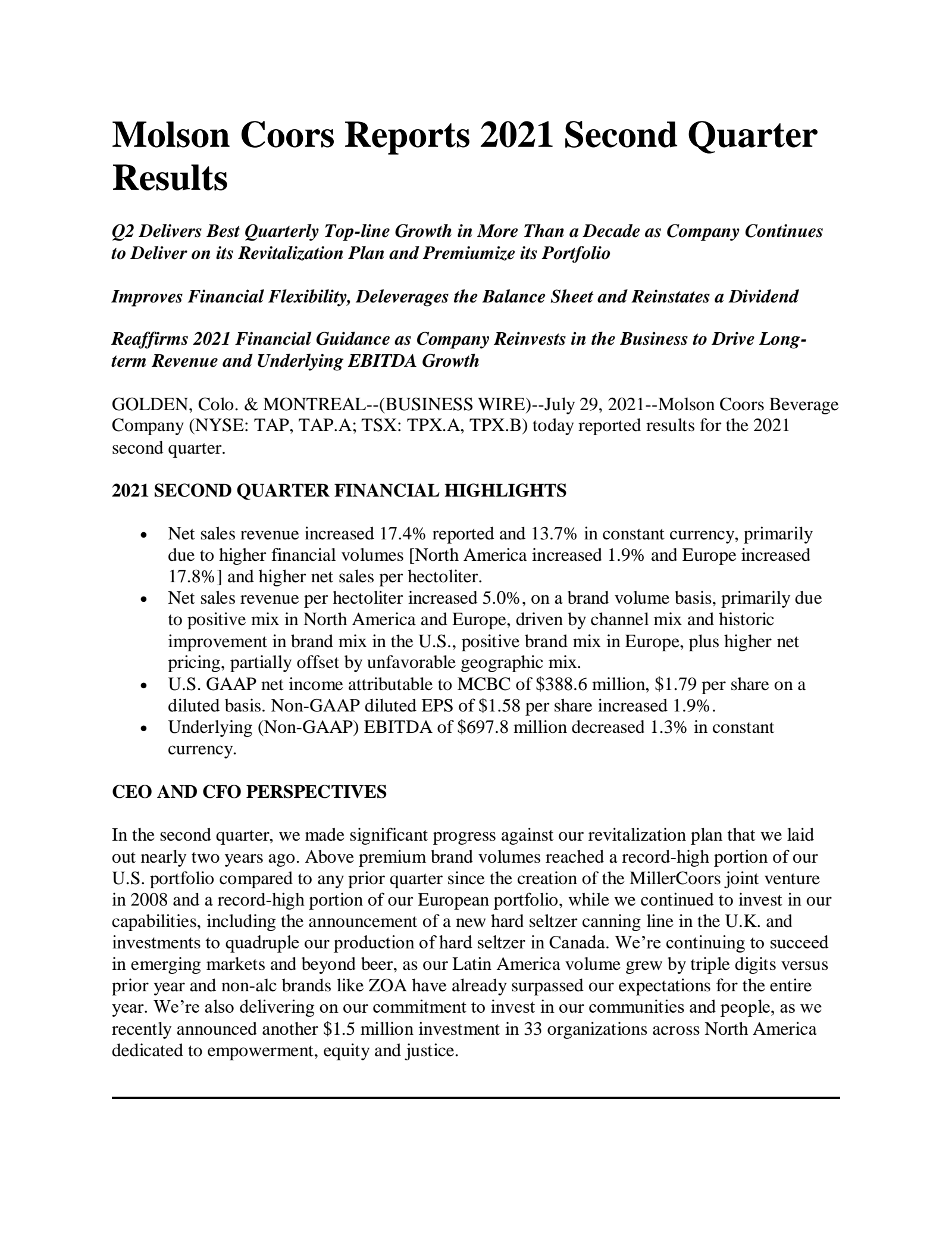 Molson Coors Beverage's Q2 2021 Earnings Release