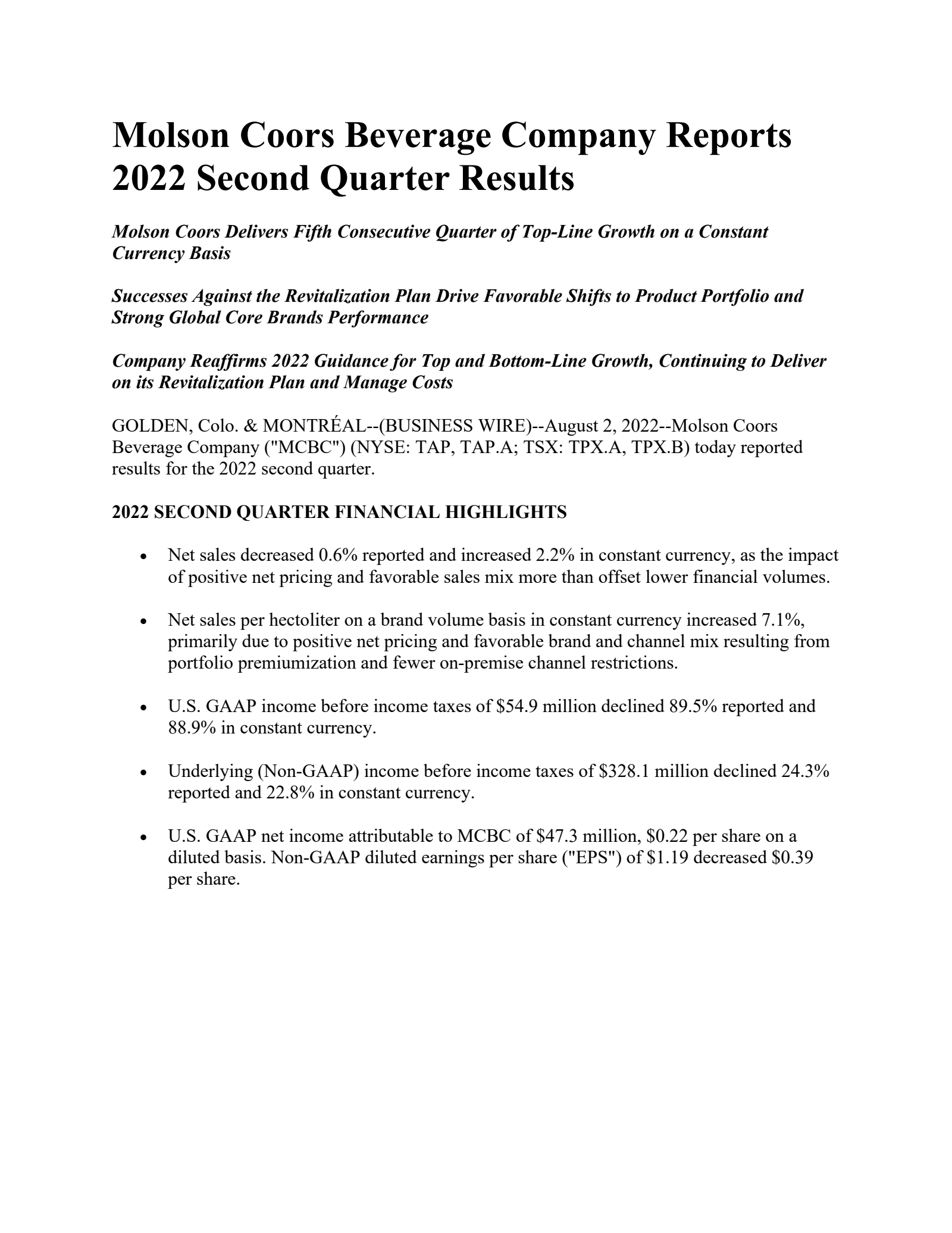 Molson Coors Beverage's Q2 2022 Earnings Release