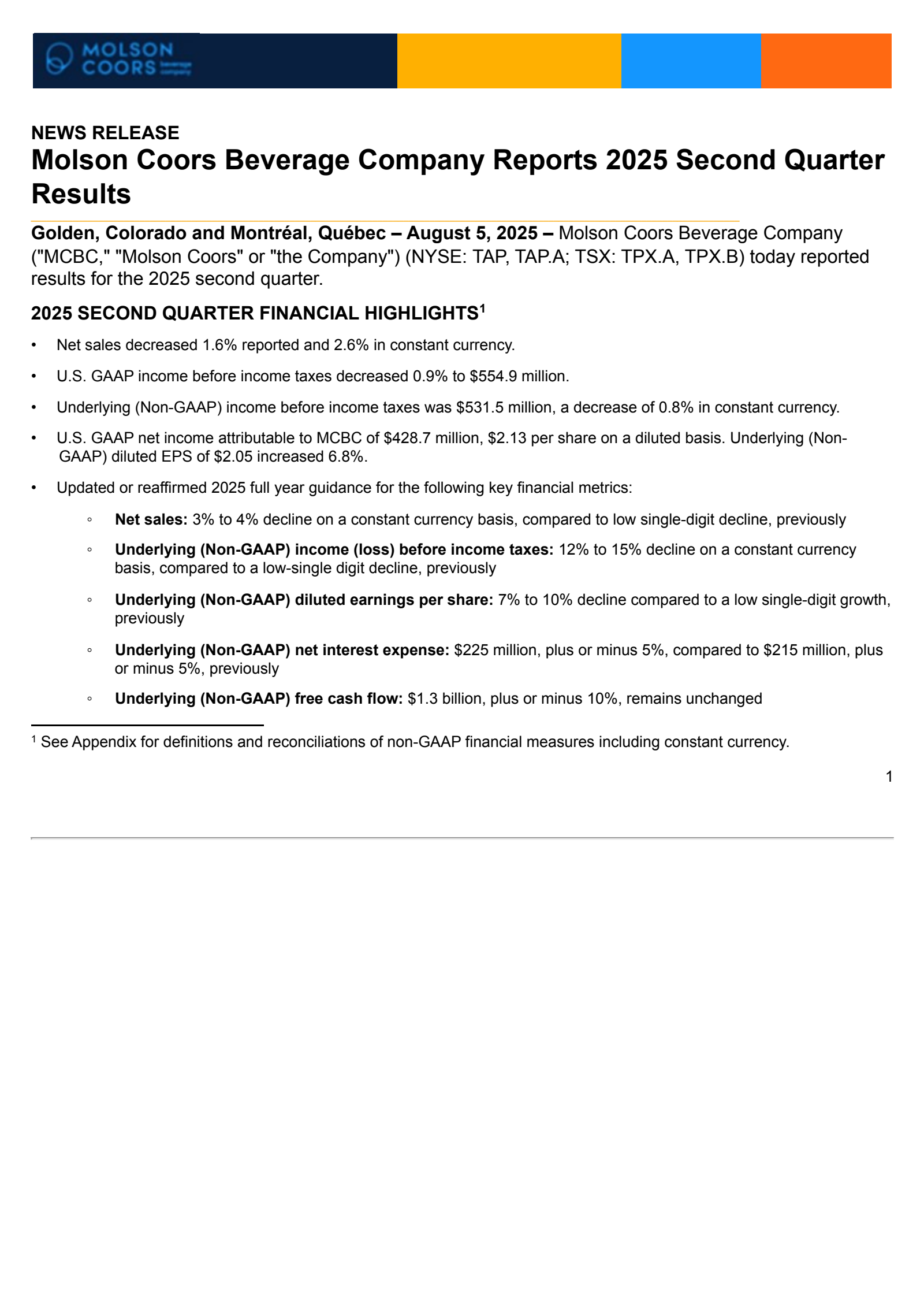 Molson Coors Beverage's Q2 2025 Press Release