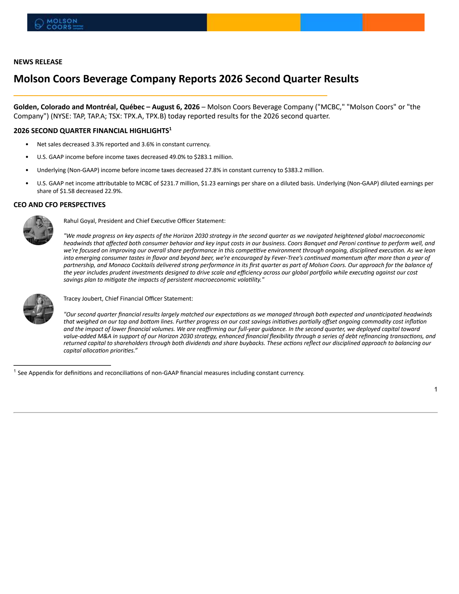 Molson Coors Beverage's Q2 2026 Press Release