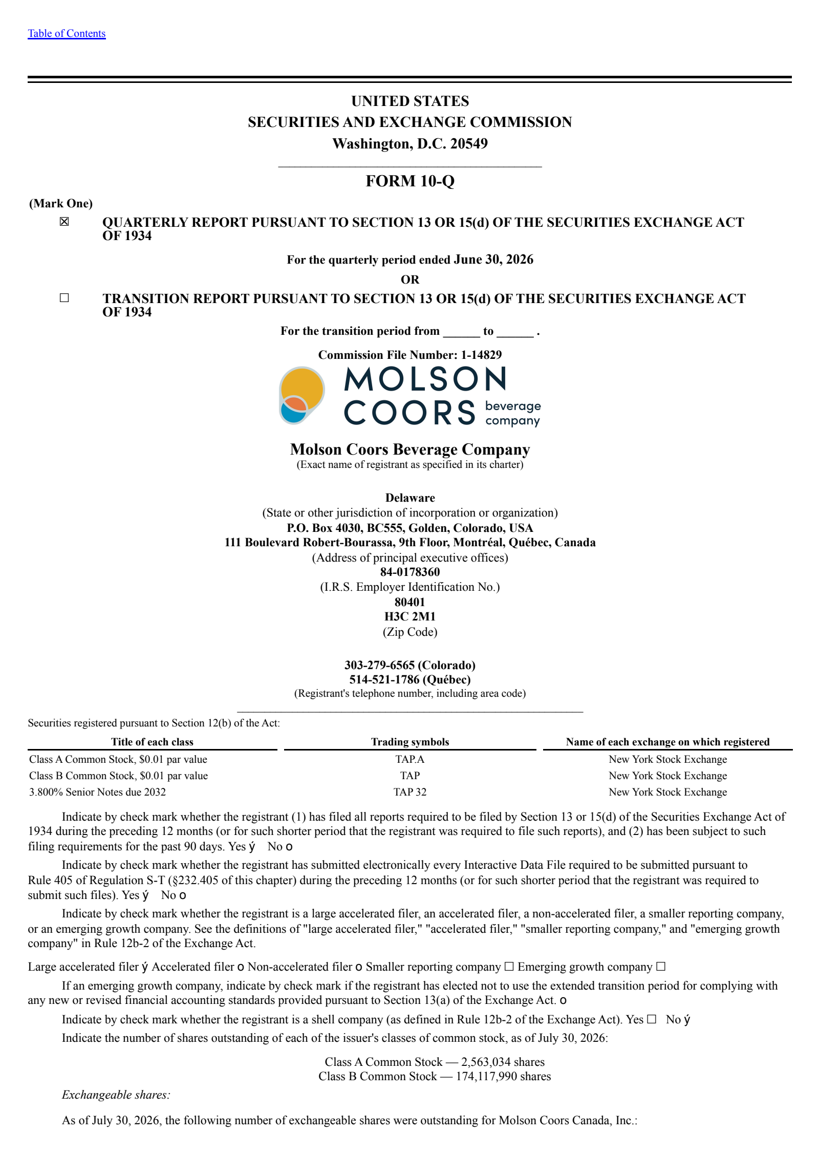 Molson Coors Beverage's Q2 2026 Quarterly report