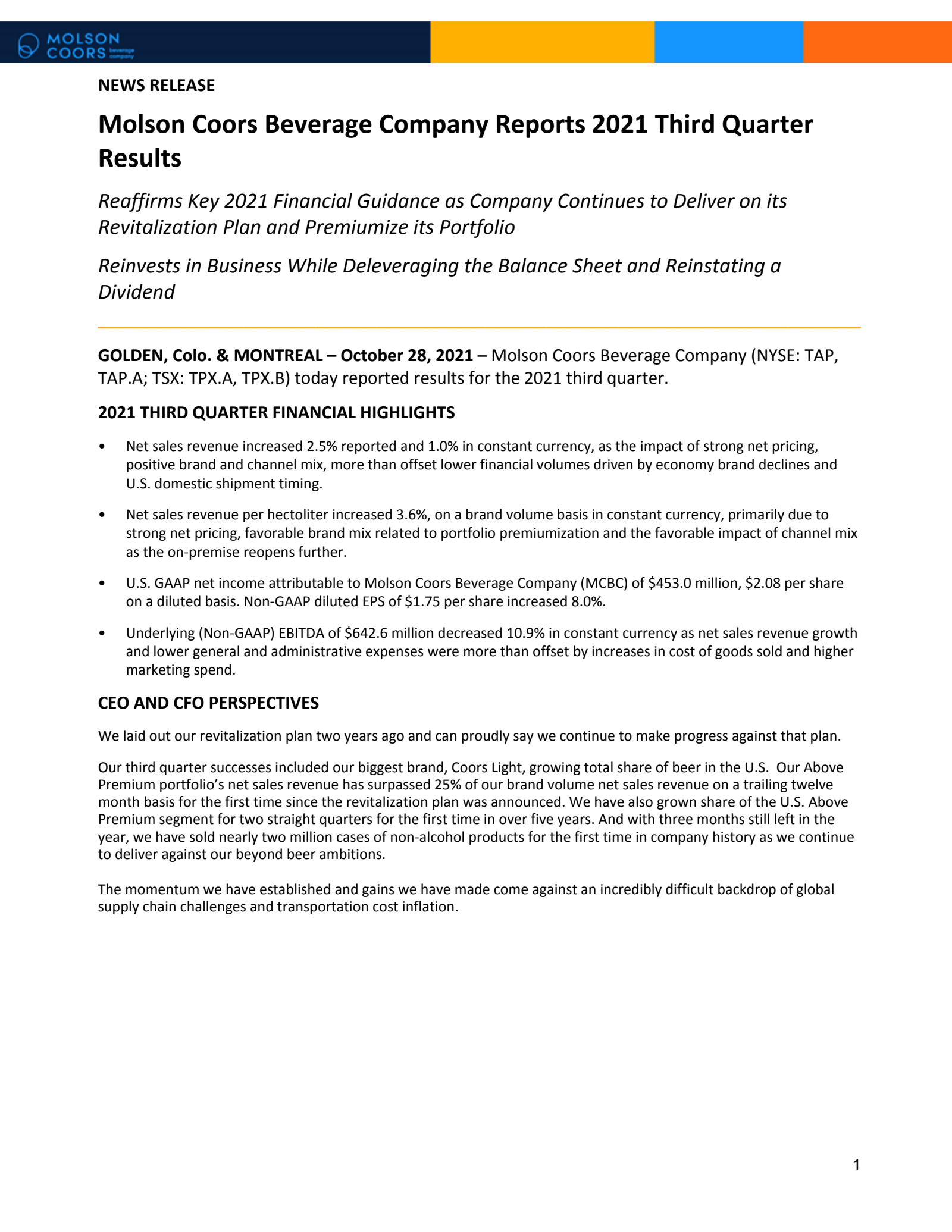 Molson Coors Beverage's Q3 2021 Earnings Release