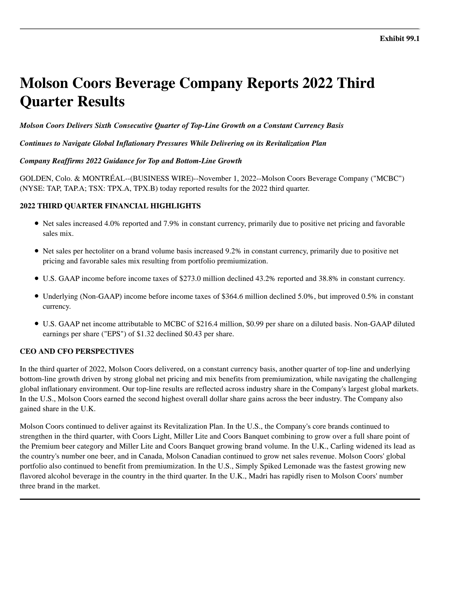 Molson Coors Beverage's Q3 2022 Earnings Release