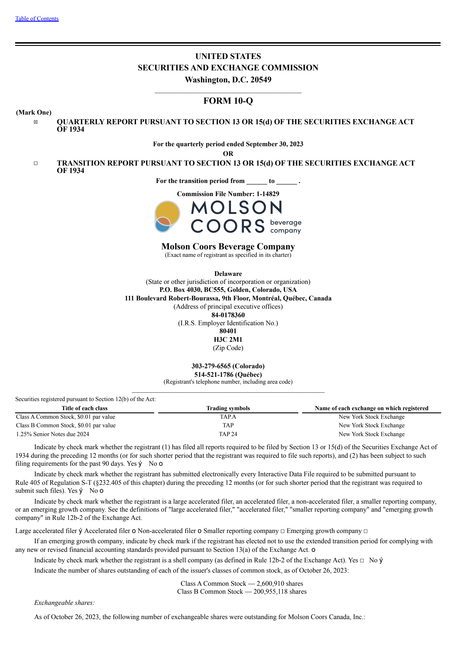 Molson Coors Beverage's Q3 2023 Quarterly report