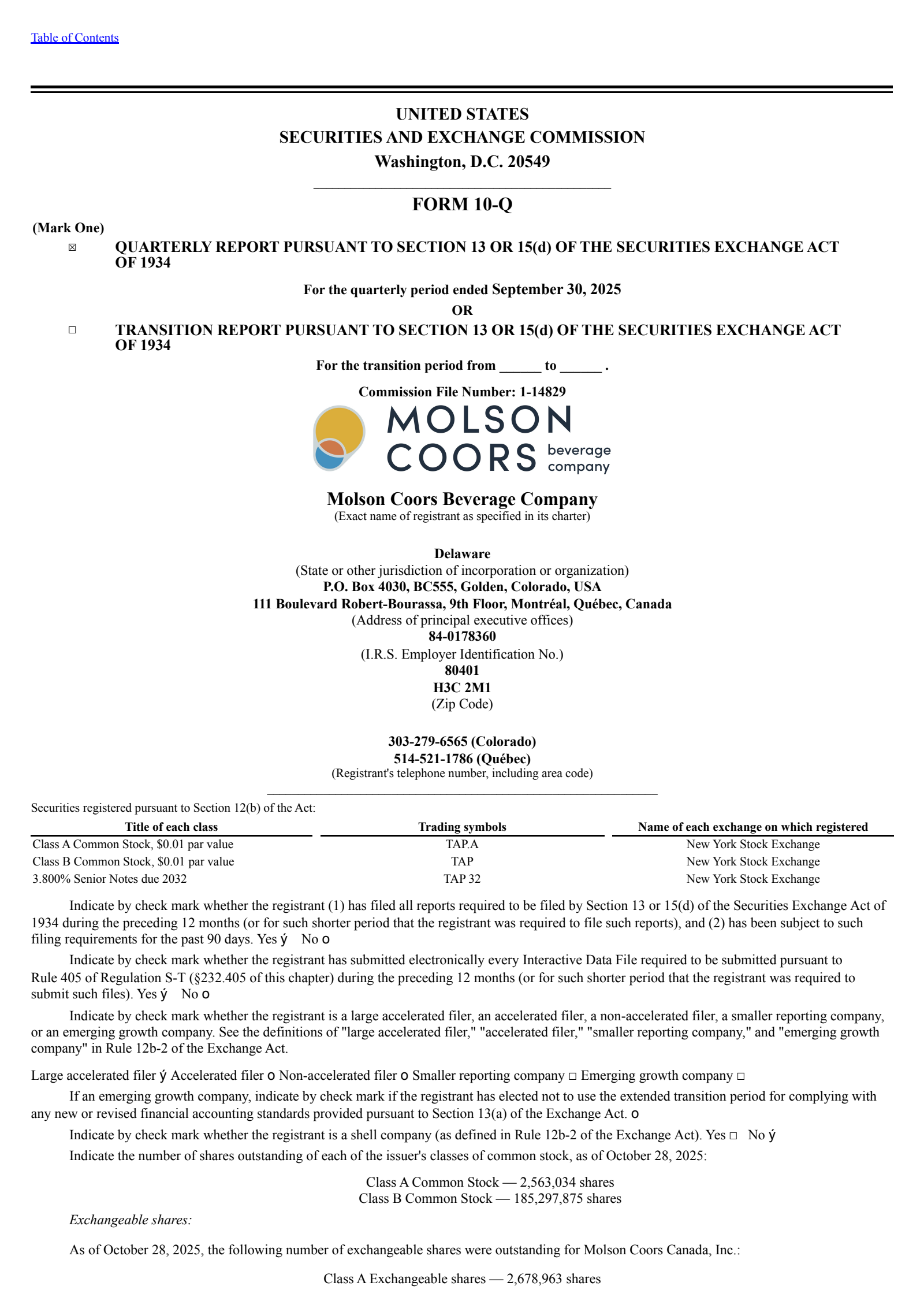 Molson Coors Beverage's Q3 2025 Quarterly Report