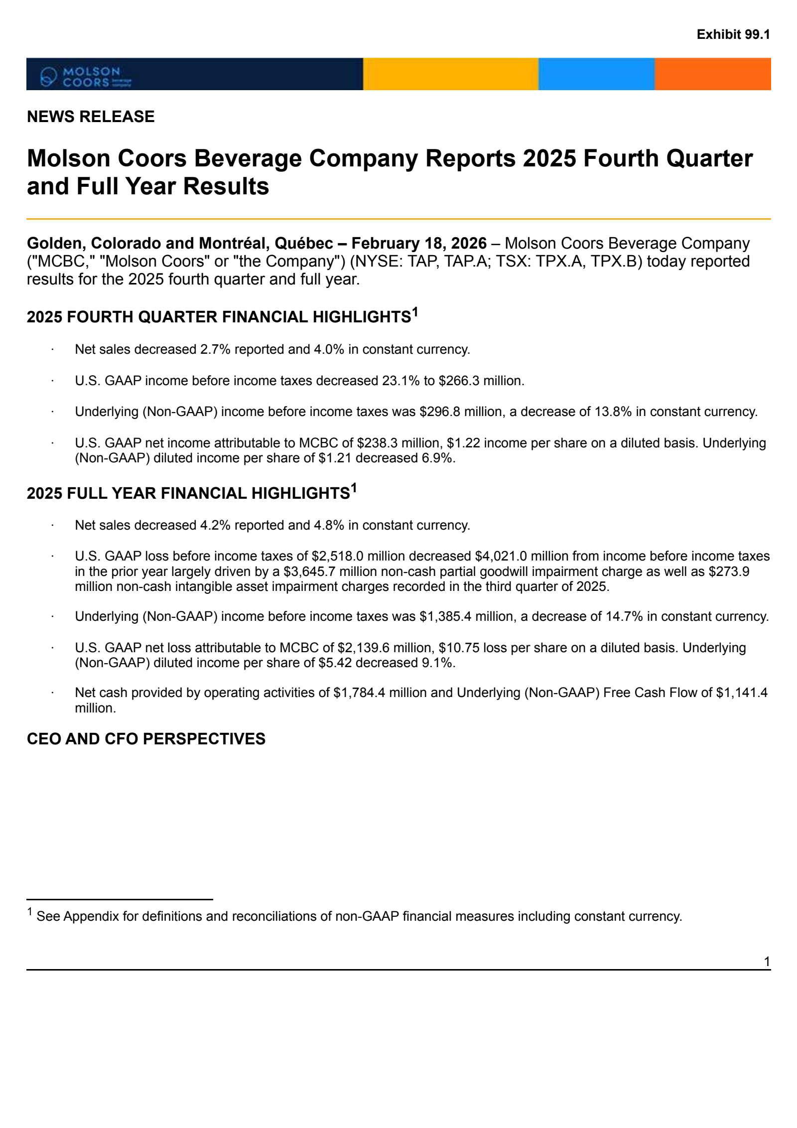 Molson Coors Beverage's Q4 2025 & Consumer Analyst Group of New York Conference (CAGNY) 2026 Press Release