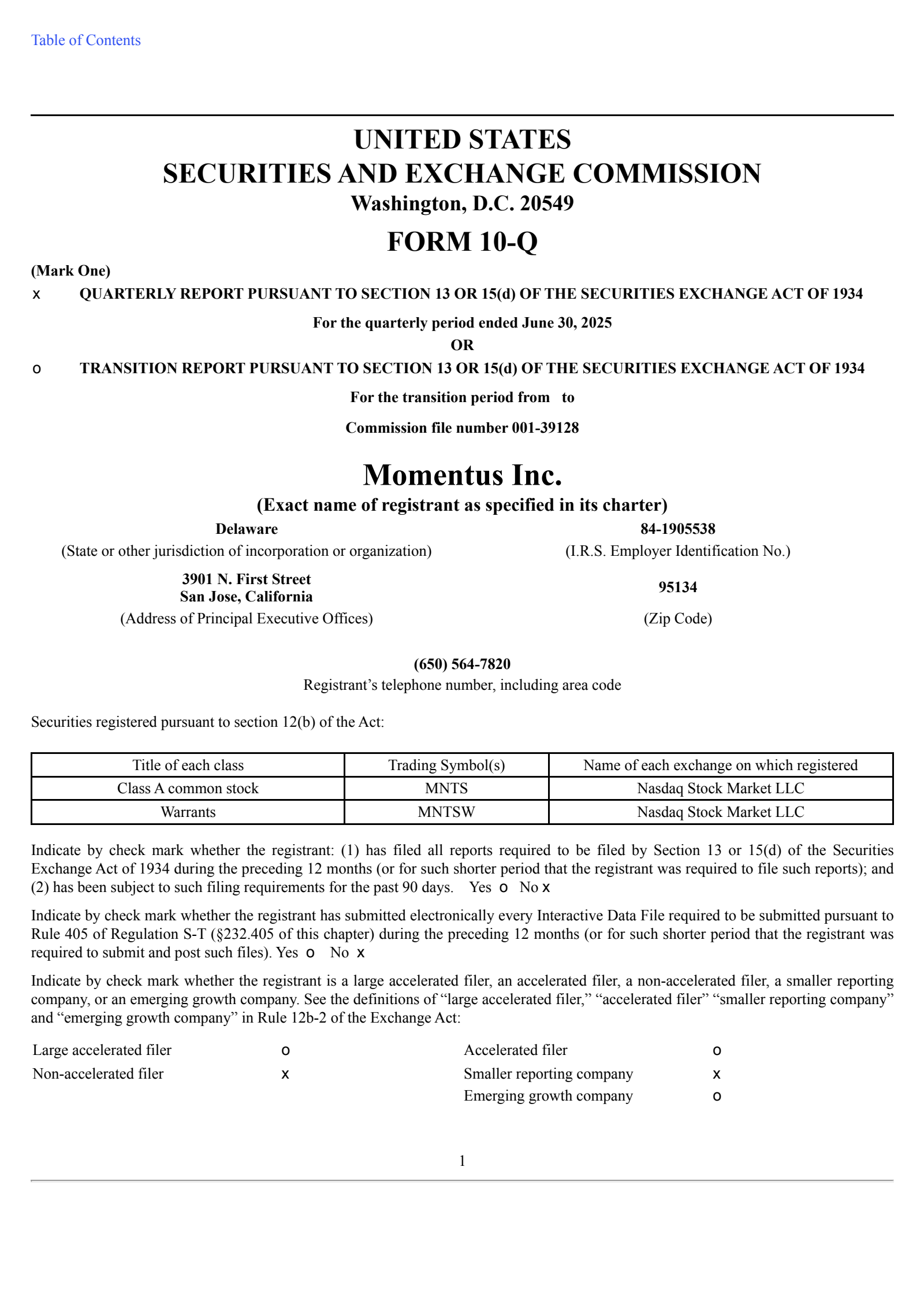Momentus' Q2 2025 Quarterly report