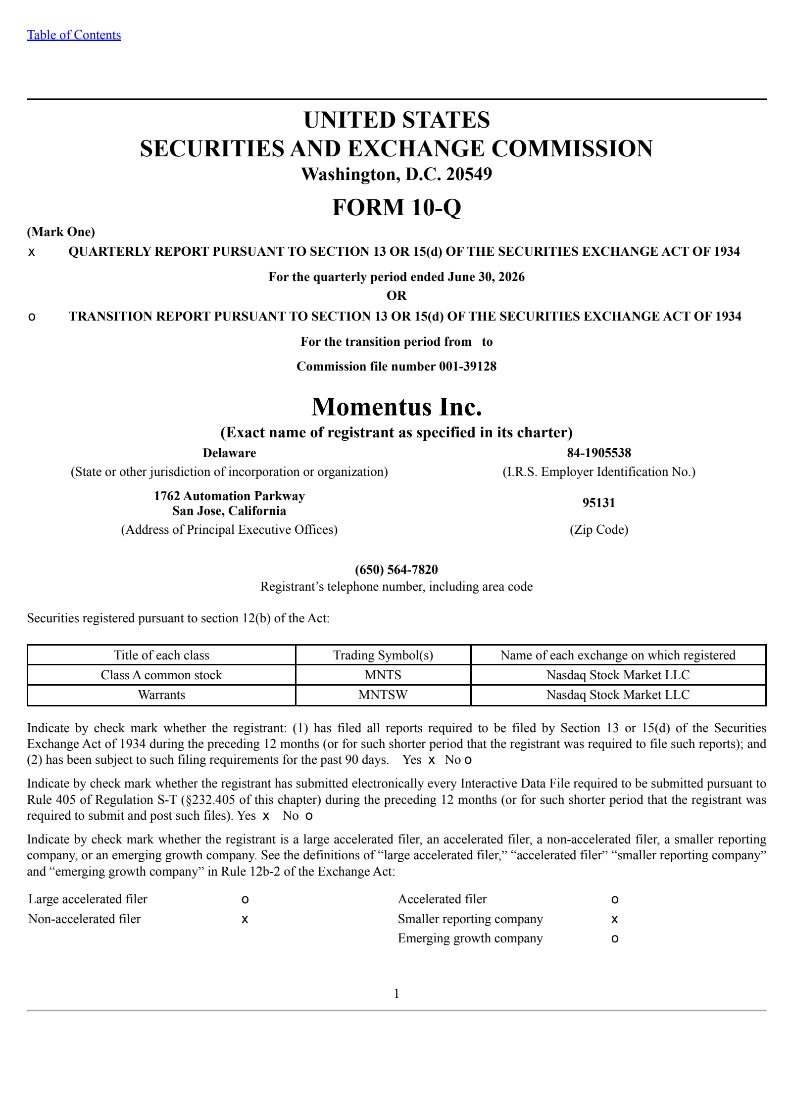 Momentus' Q2 2026 Quarterly report