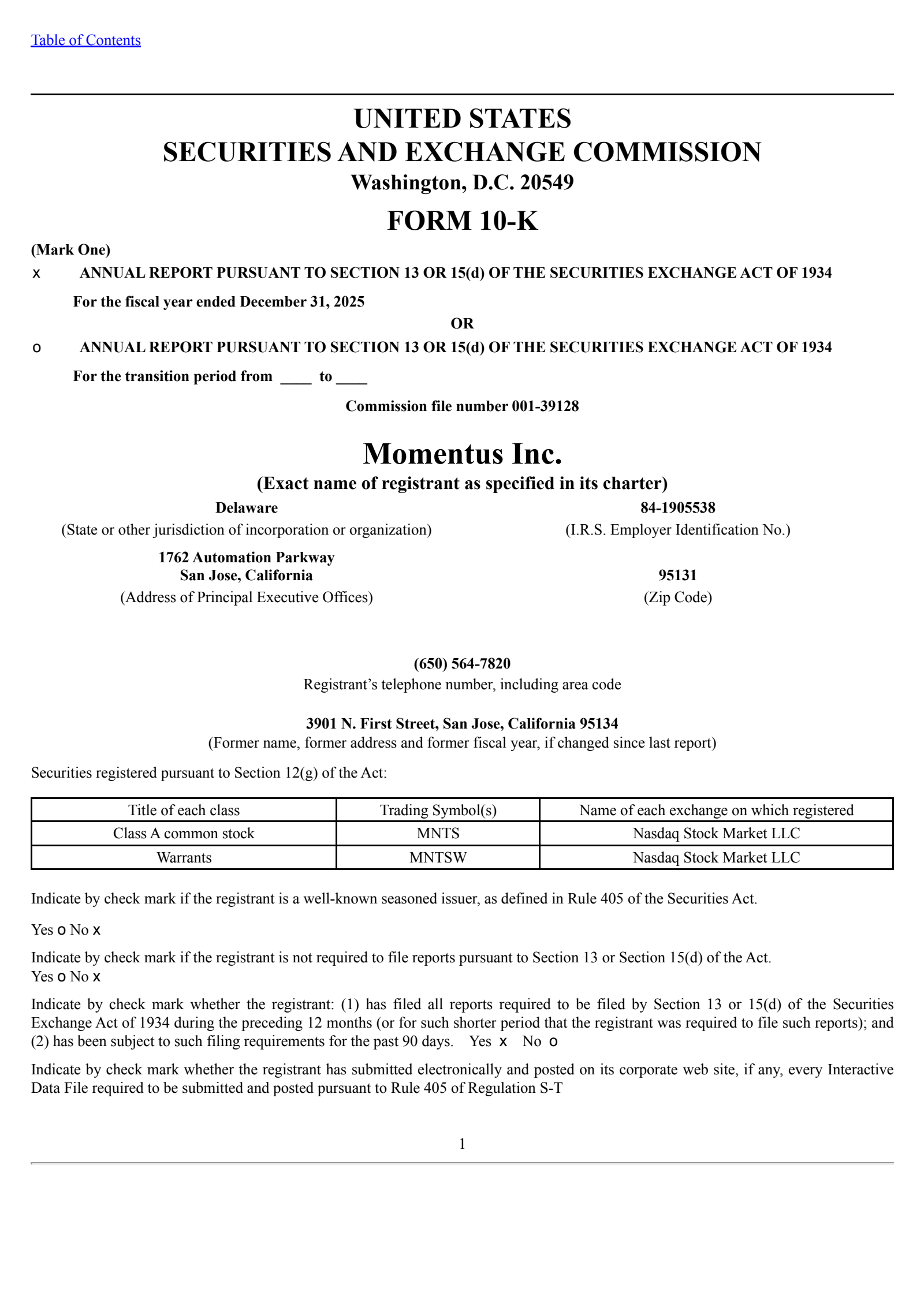 Momentus' Q4 2025 Annual report