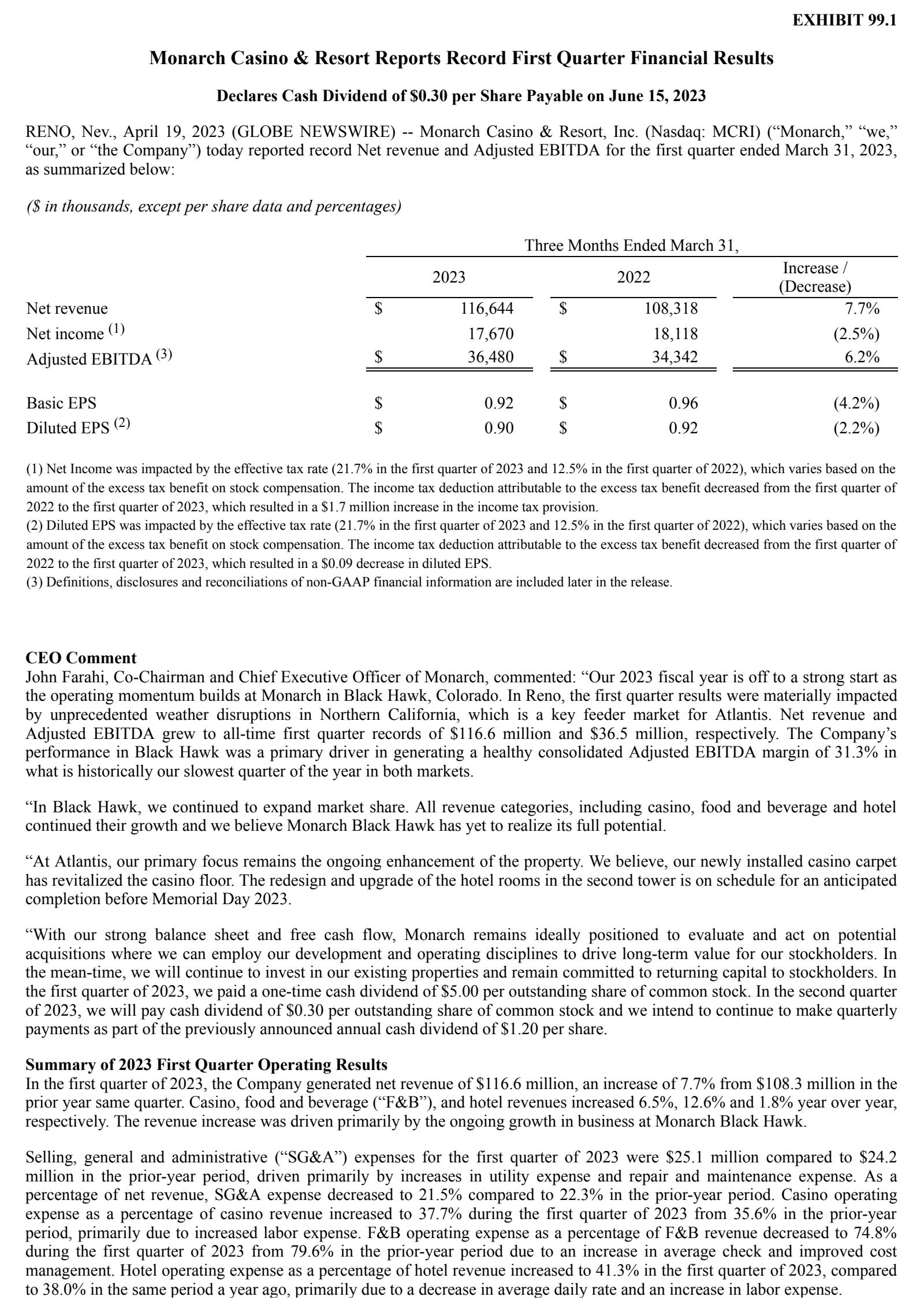 Monarch Casino & Resort's Q1 2023 Press Release
