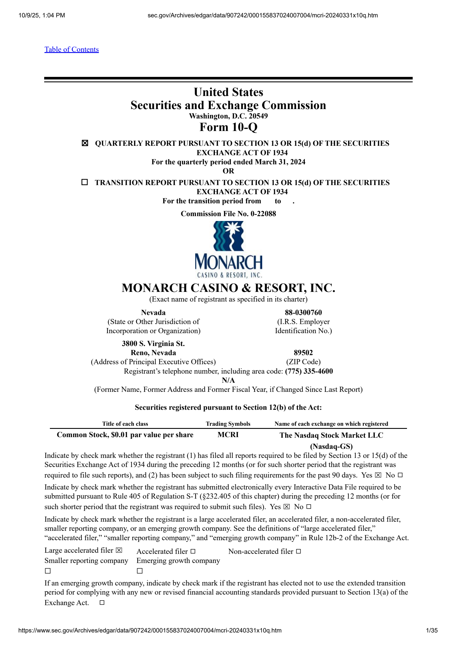 Monarch Casino & Resort's Q1 2024 Quarterly Report