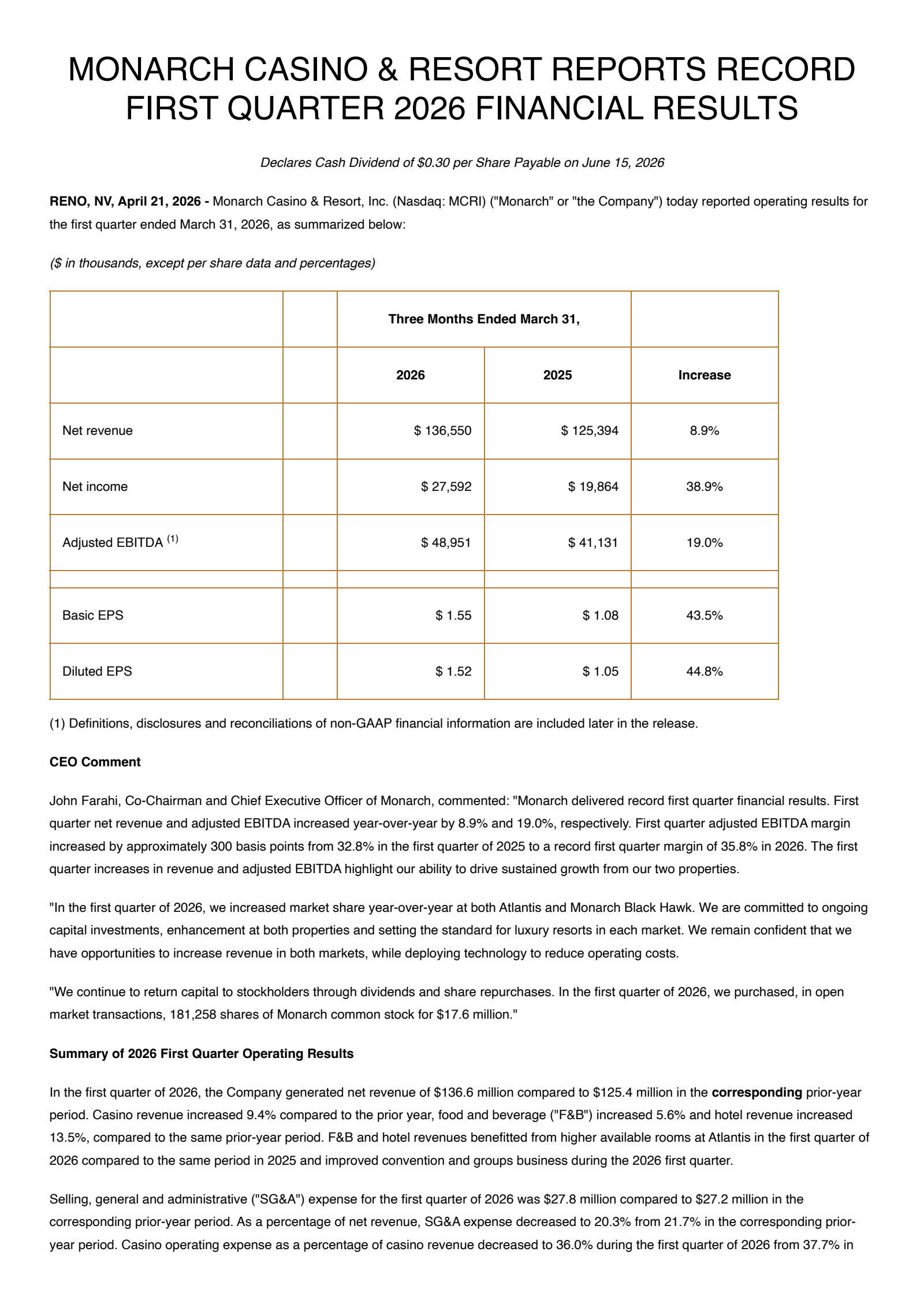 Monarch Casino & Resort's Q1 2026 Press Release