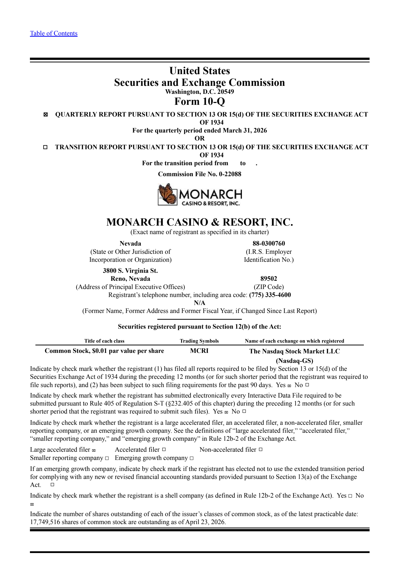 Monarch Casino & Resort's Q1 2026 Quarterly report