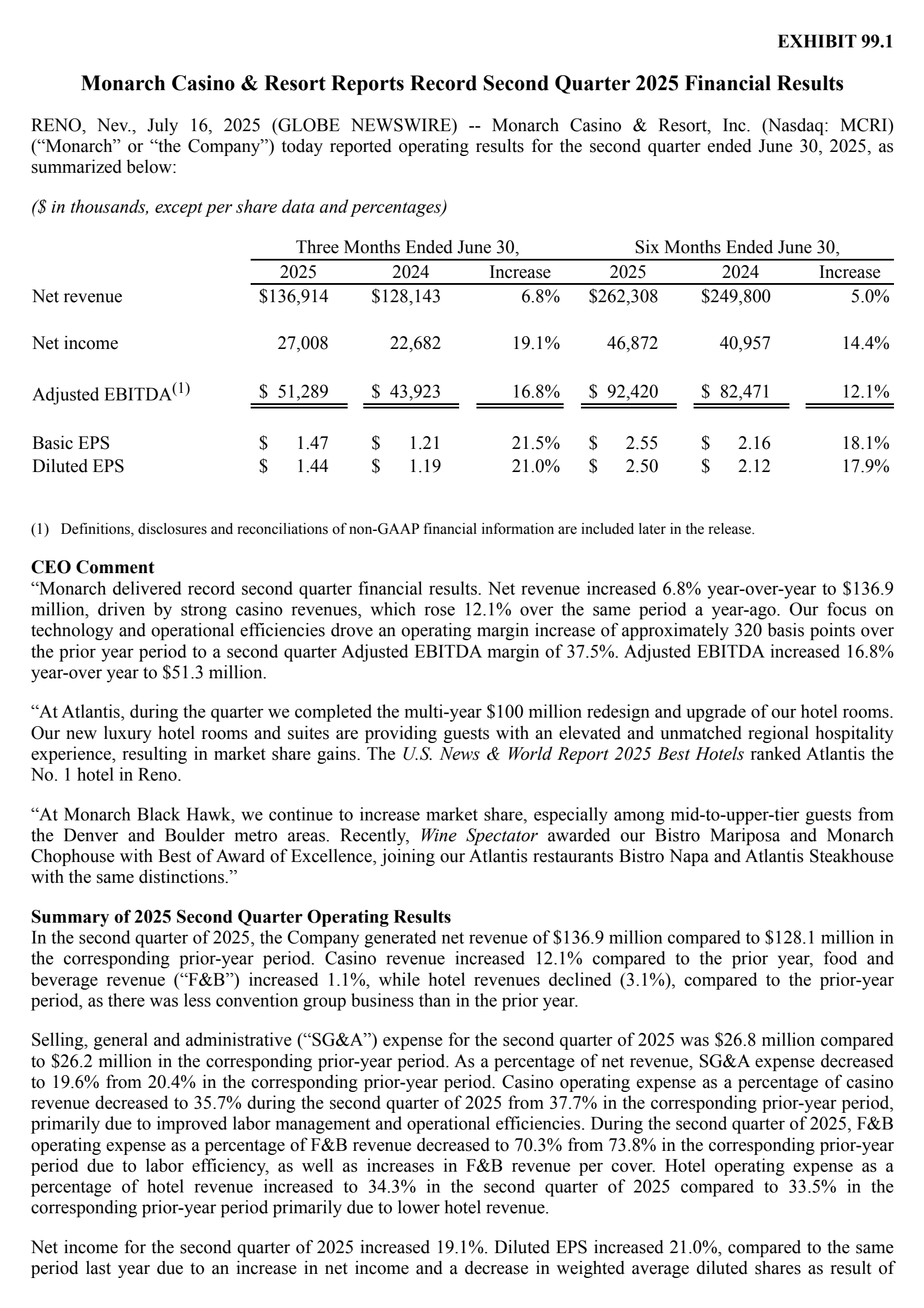 Monarch Casino & Resort's Q2 2025 Press Release