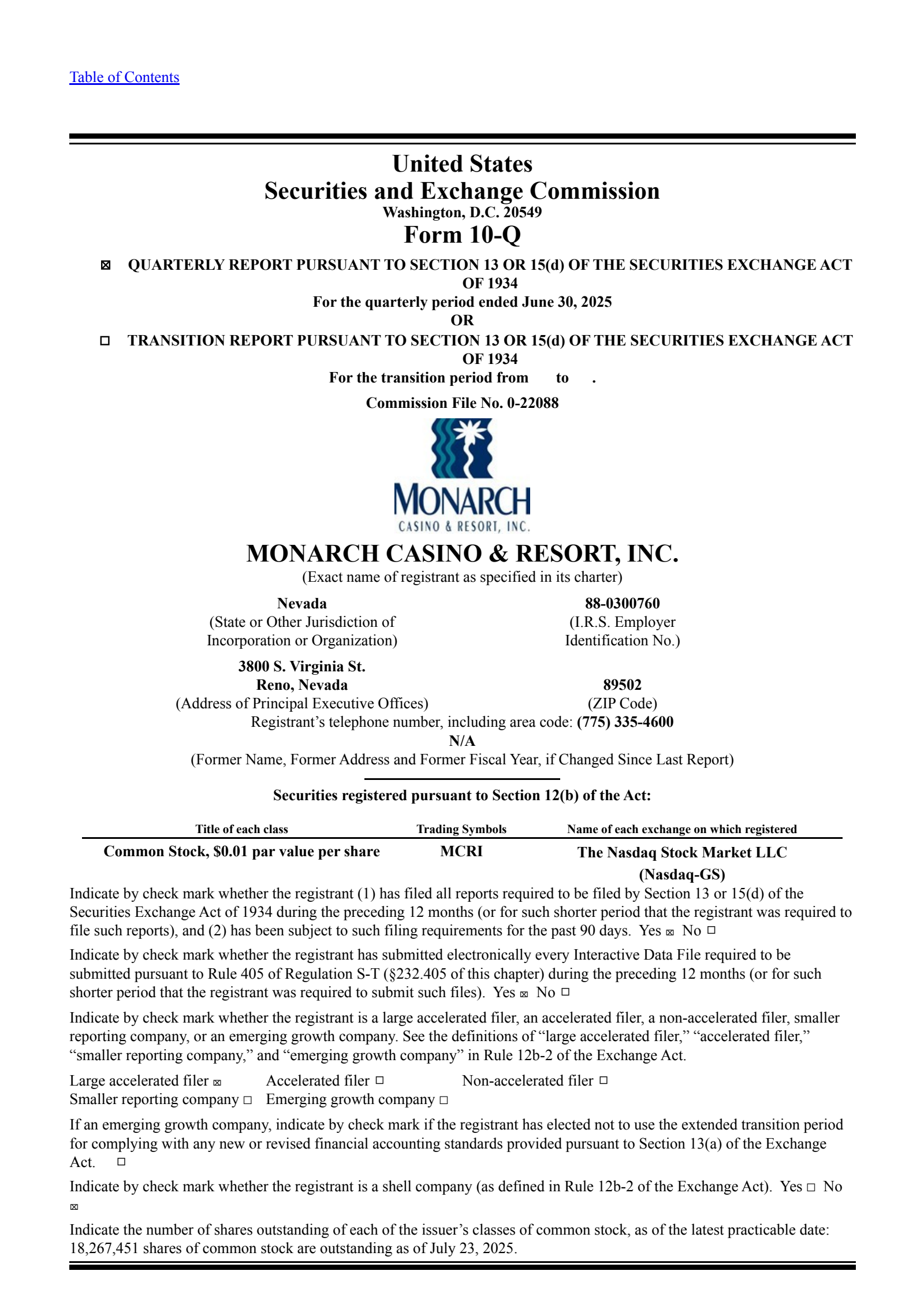 Monarch Casino & Resort's Q2 2025 Quarterly report
