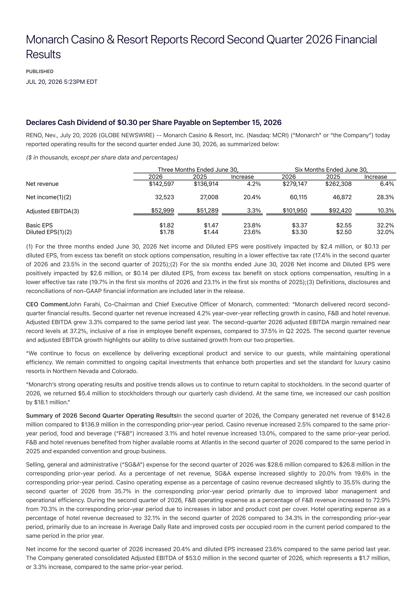 Monarch Casino & Resort's Q2 2026 Press Release