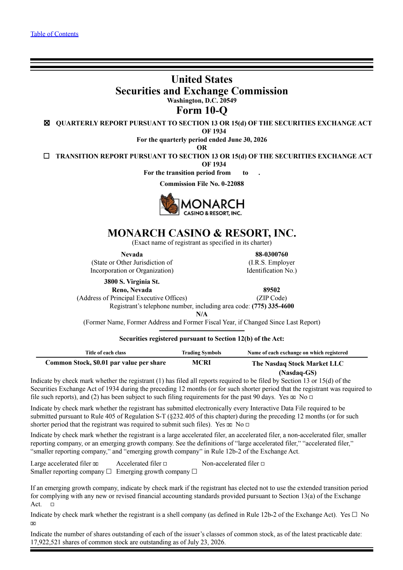 Monarch Casino & Resort's Q2 2026 Quarterly report