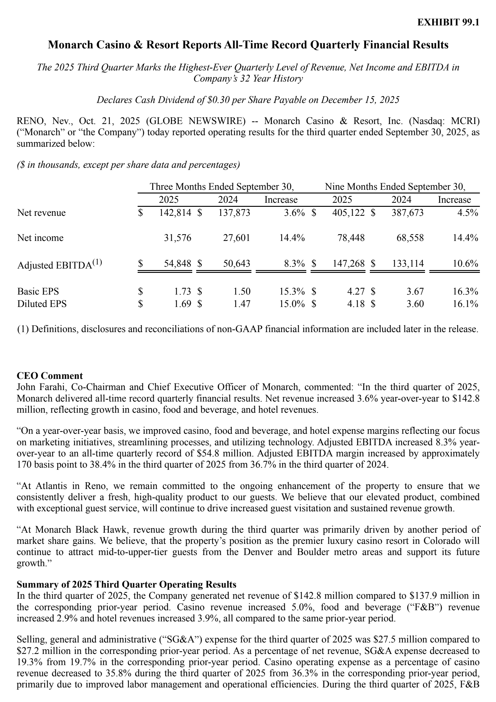 Monarch Casino & Resort's Q3 2025 Earnings Release