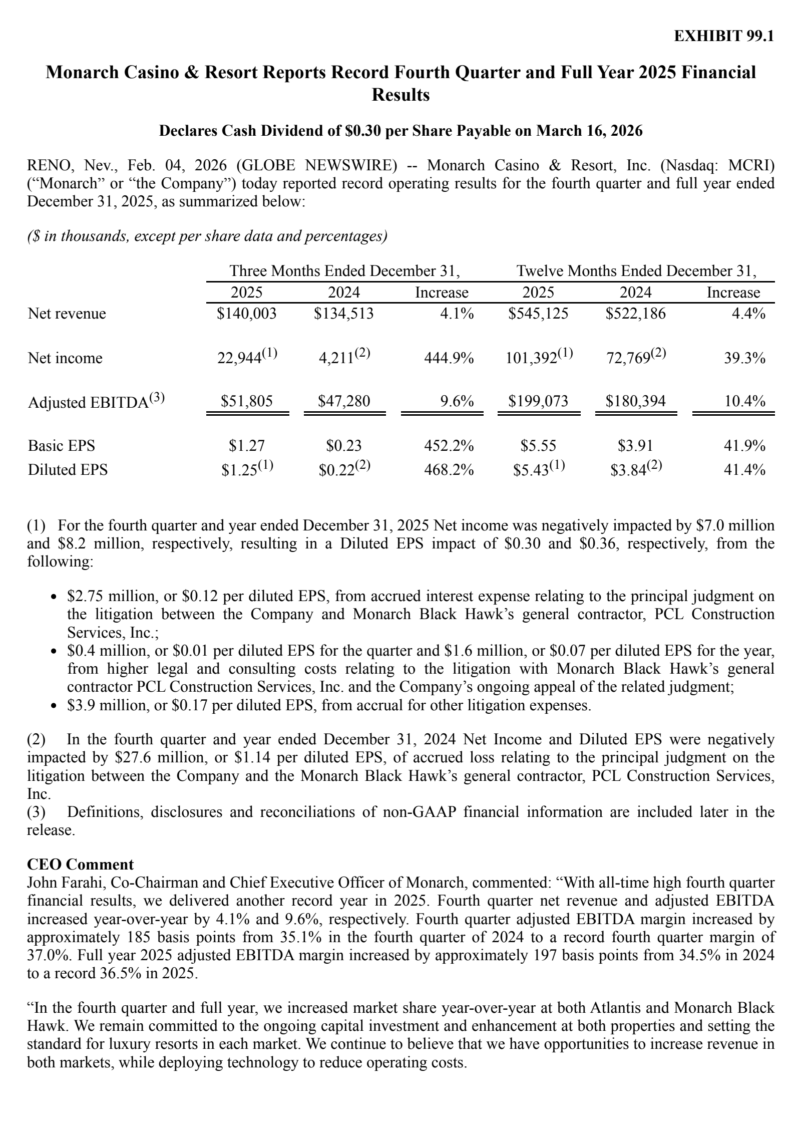 Monarch Casino & Resort's Q4 2025 Press Release