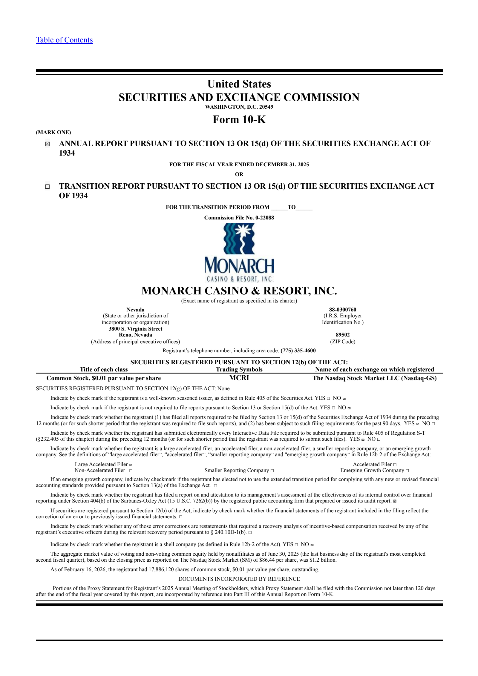 Monarch Casino & Resort's Q4 2025 Annual report