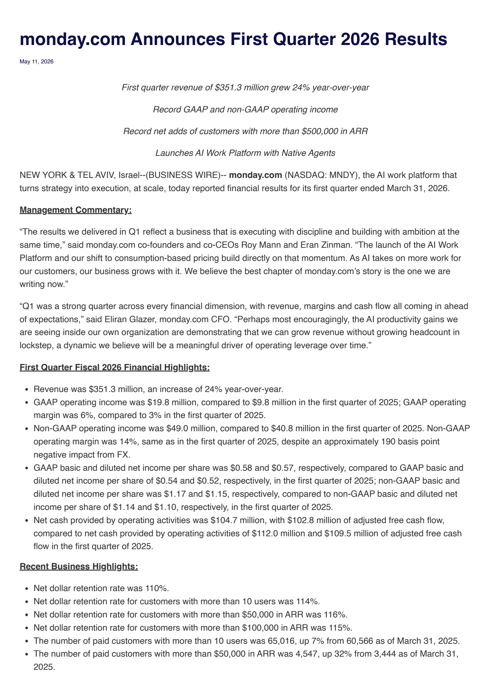 monday.com's Q1 2026 Press Release