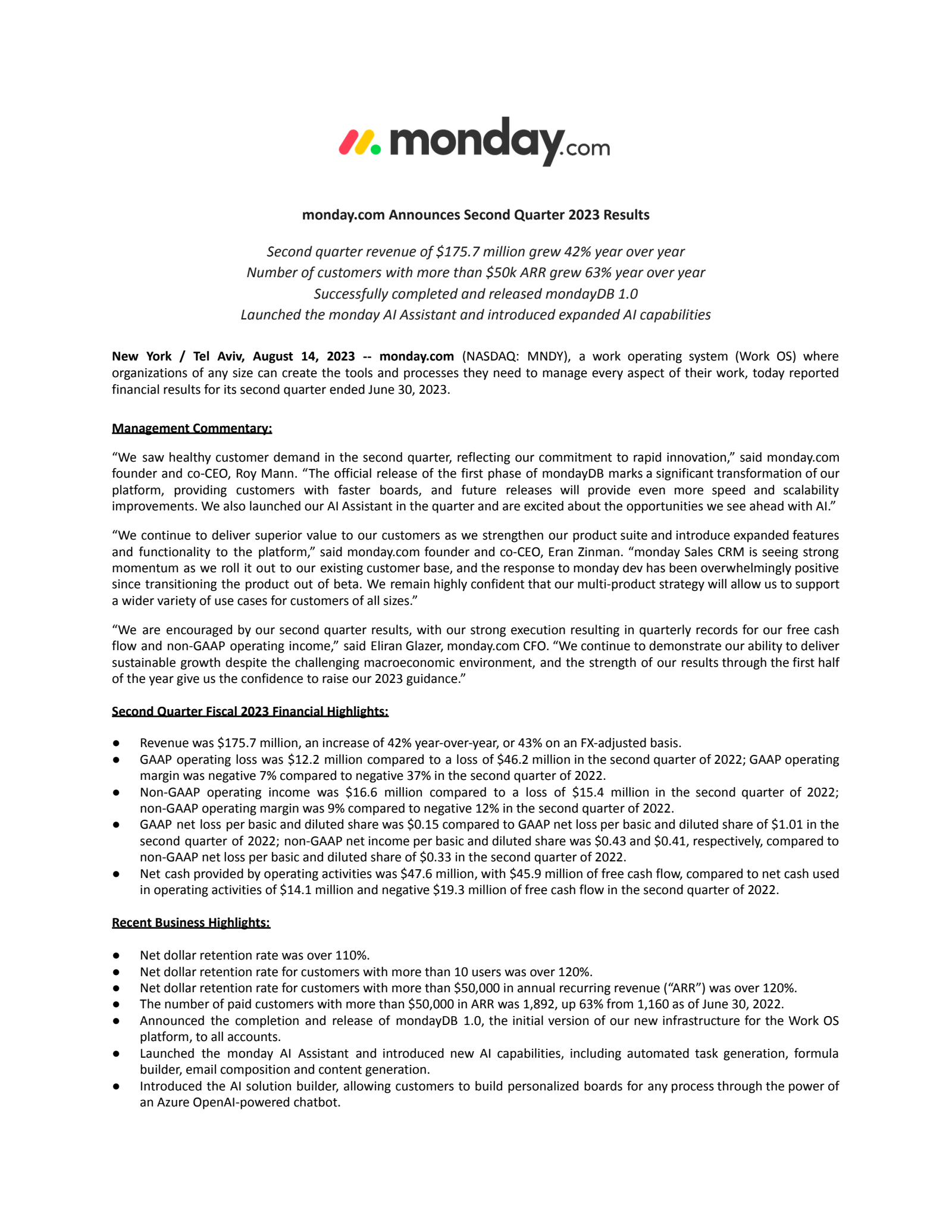 monday.com's Q2 2023 Earnings Release