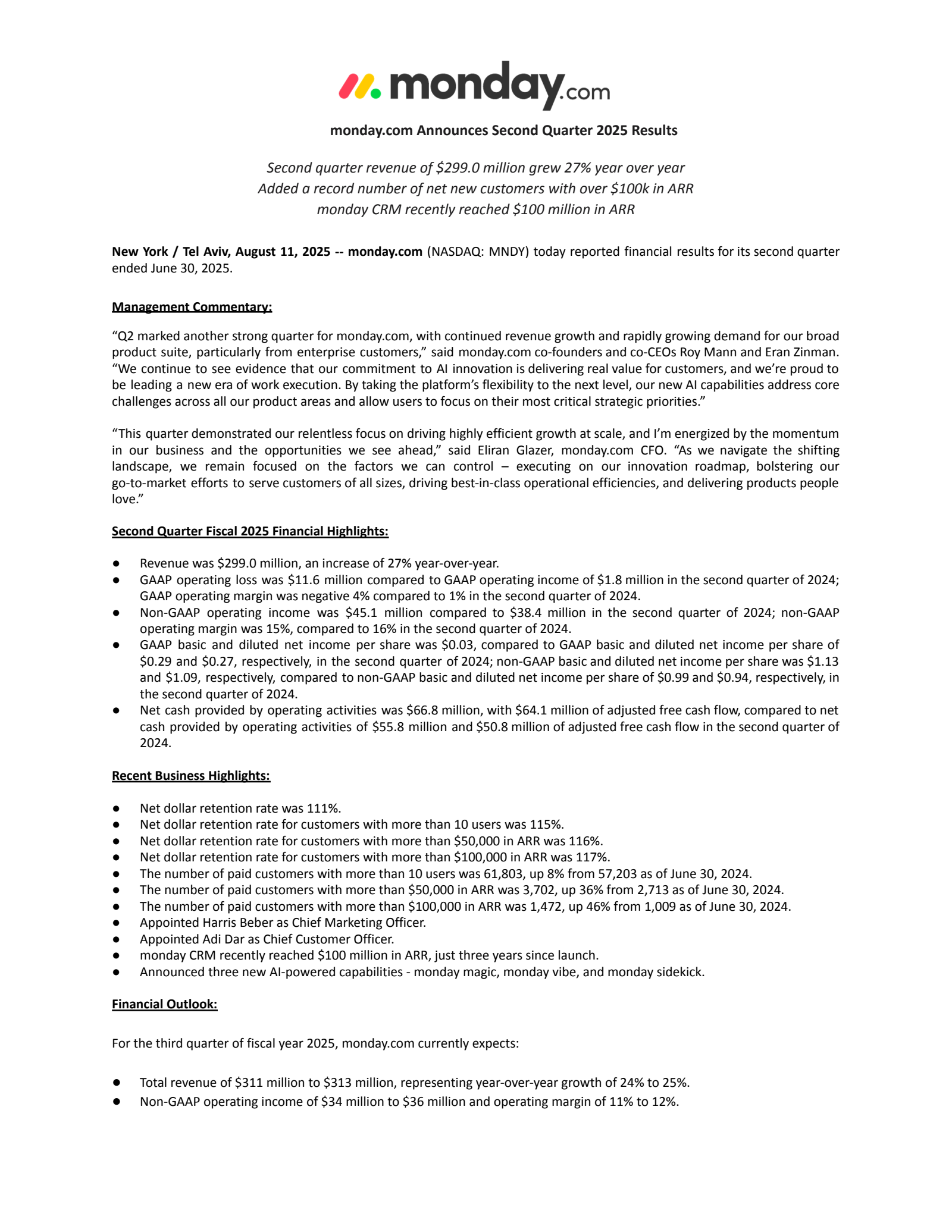 monday.com's Q2 2025 Press Release