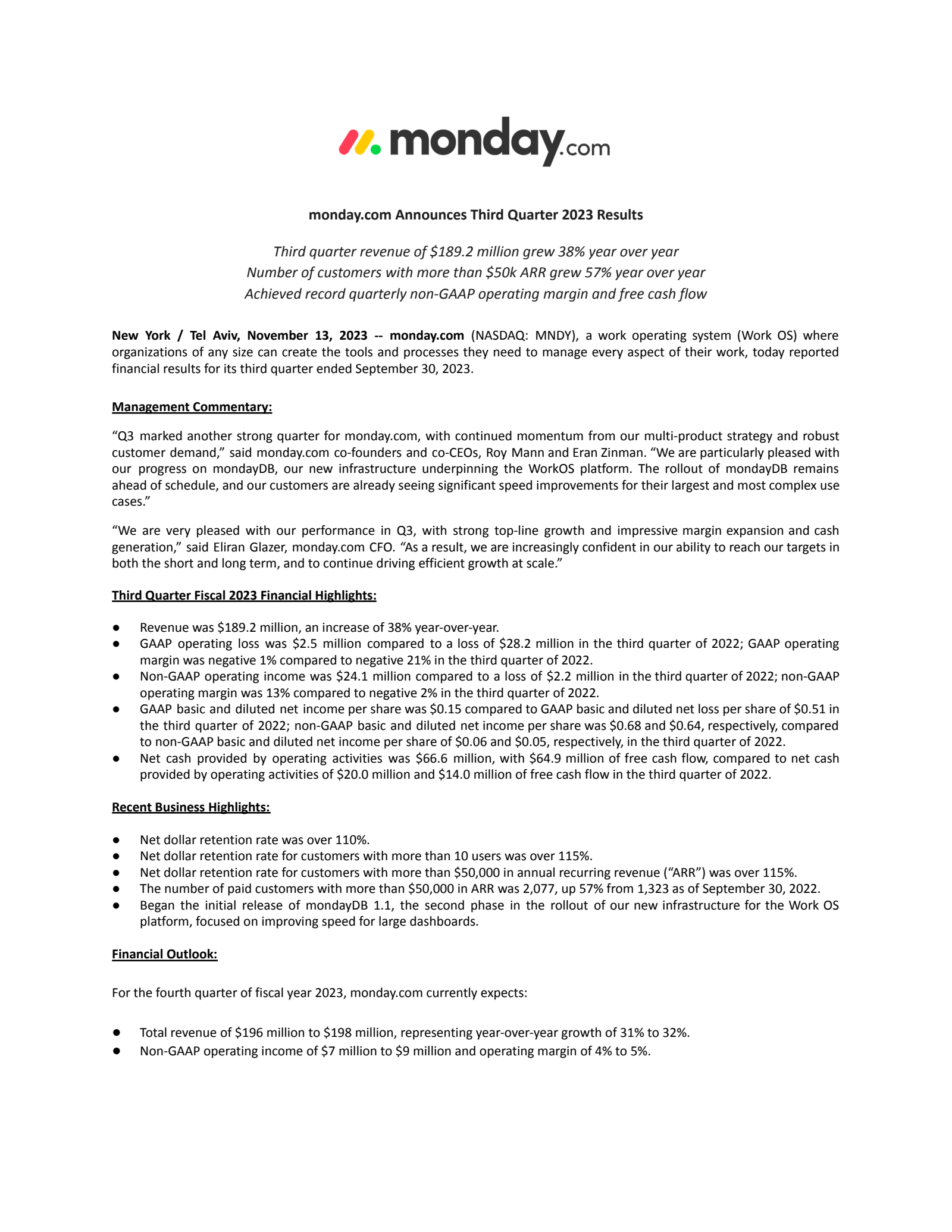monday.com's Q3 2023 Earnings Release
