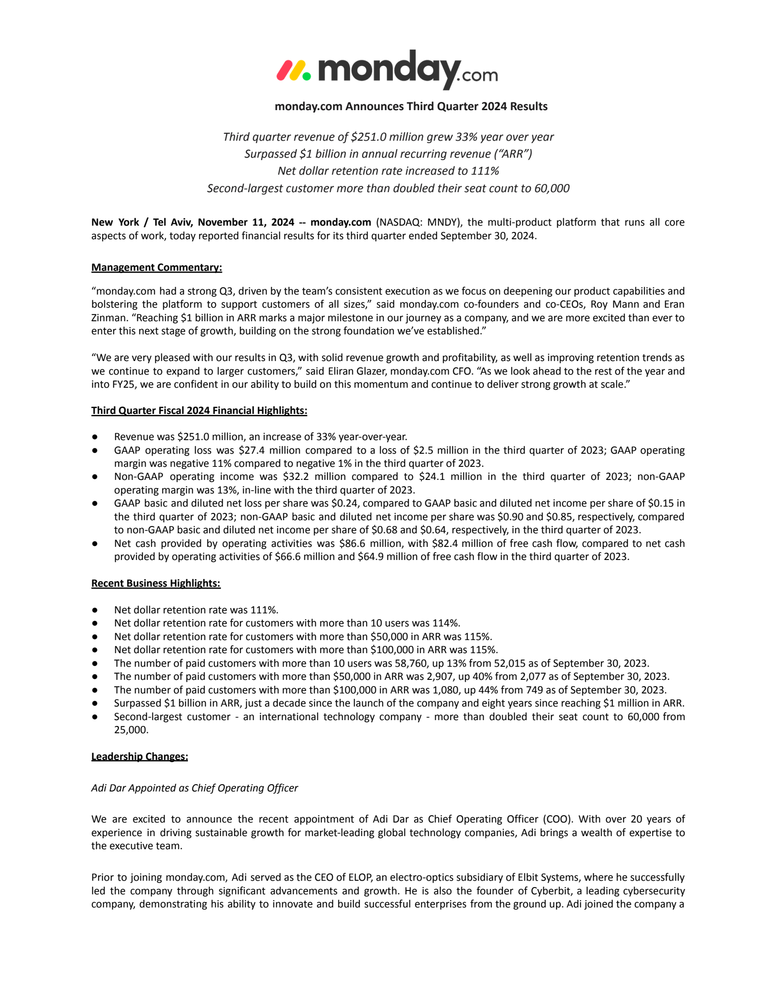monday.com's Q3 2024 Earnings Release