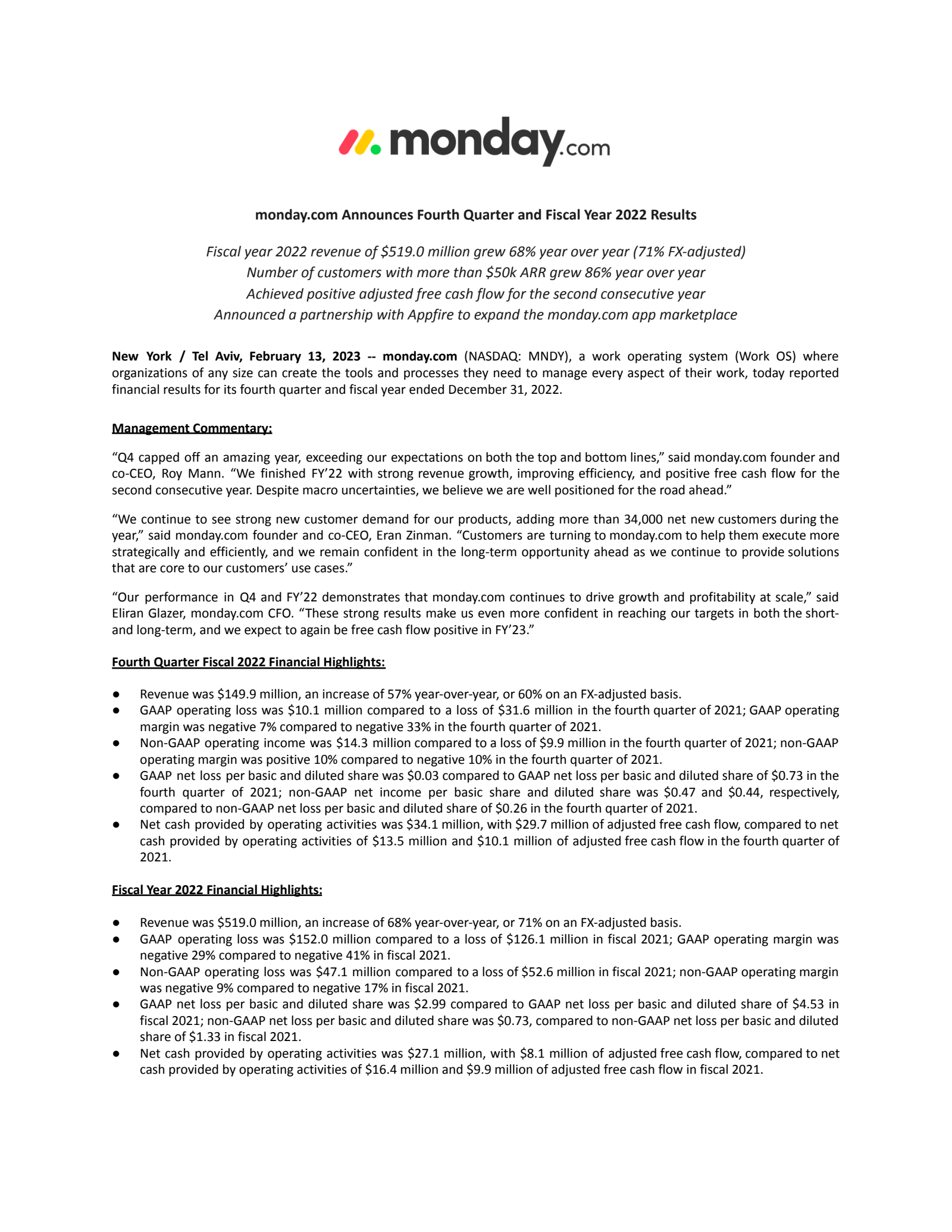 monday.com's Q4 2022 Earnings Release