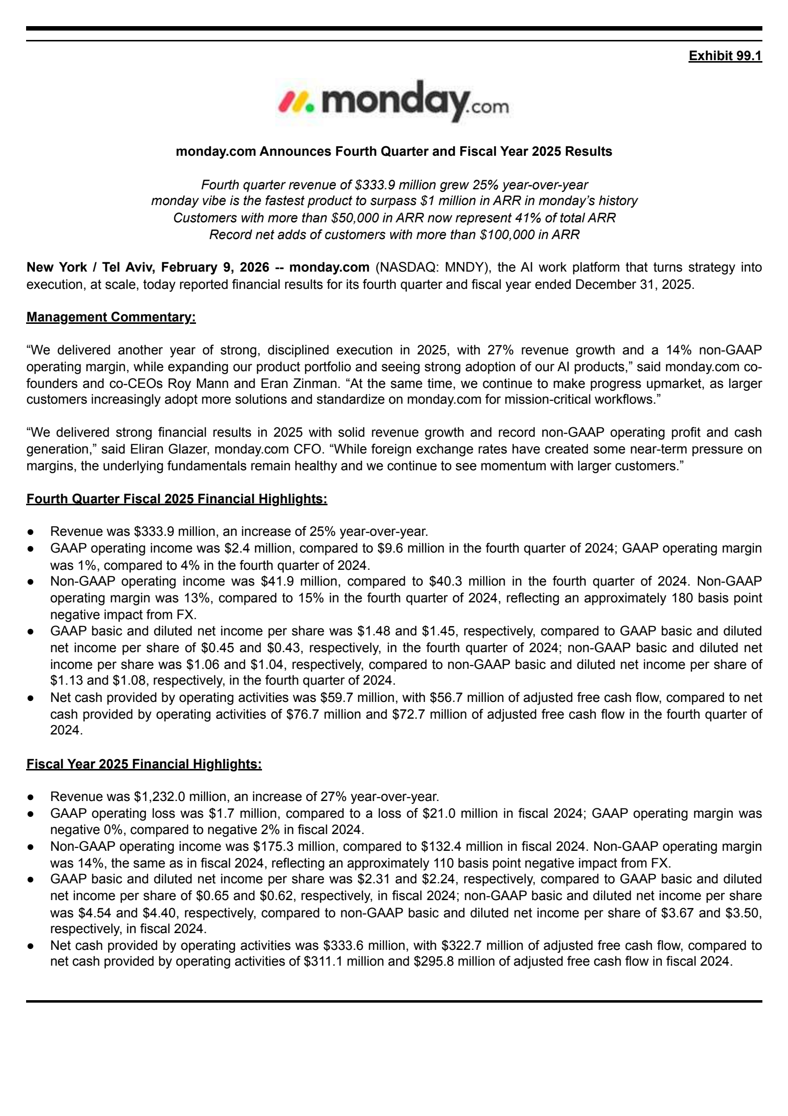 monday.com's Q4 2025 Press Release