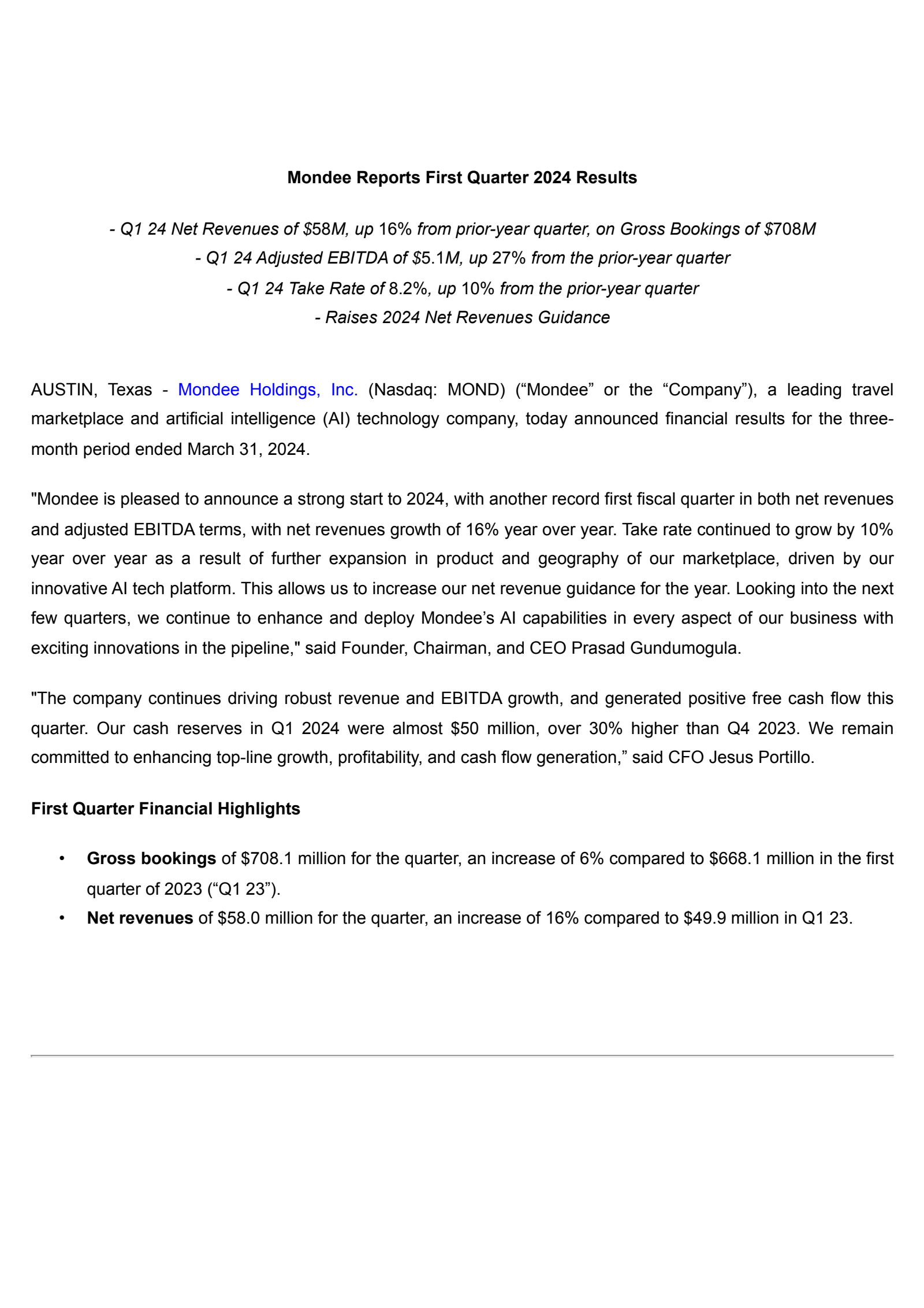 Mondee's Q1 2024 Press Release