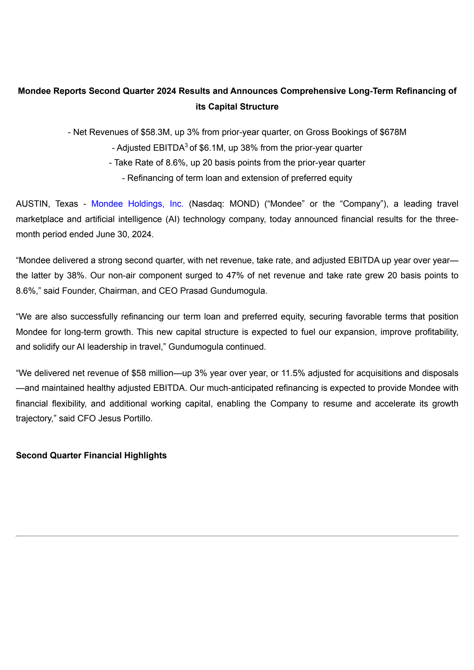 Mondee's Q2 2024 Press Release