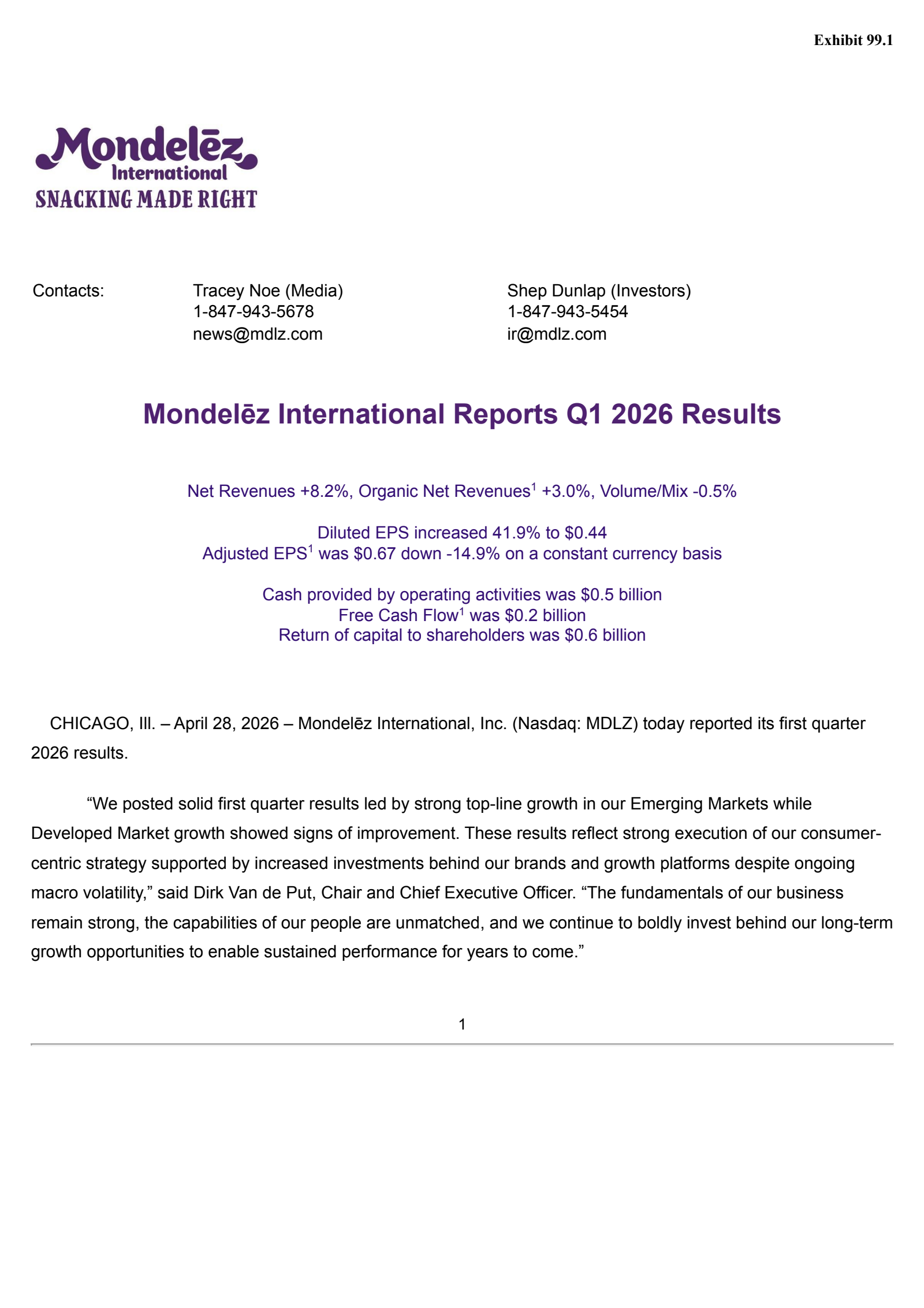 Mondelez International's Q1 2026 Press Release
