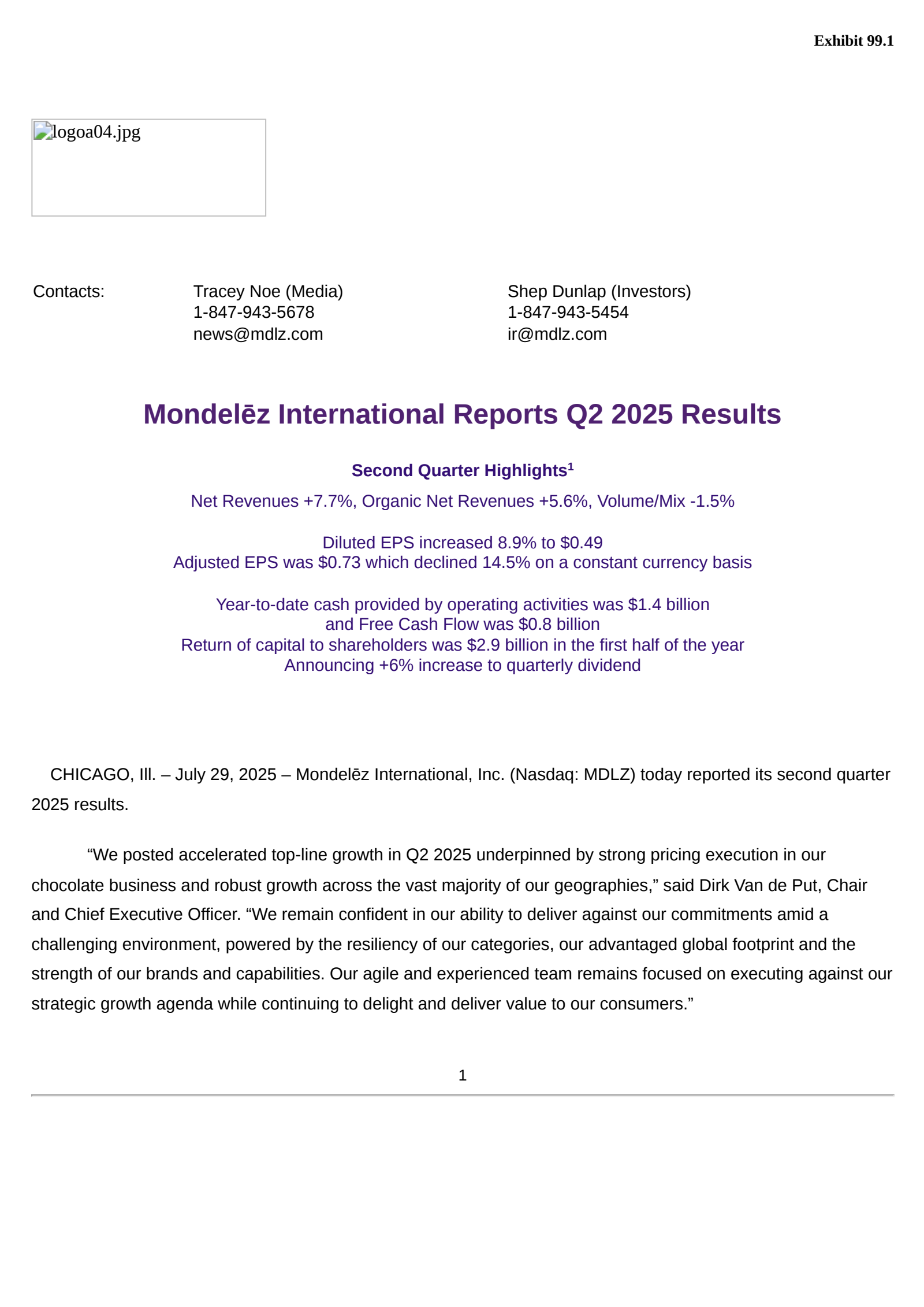 Mondelez International's Q2 2025 Press Release