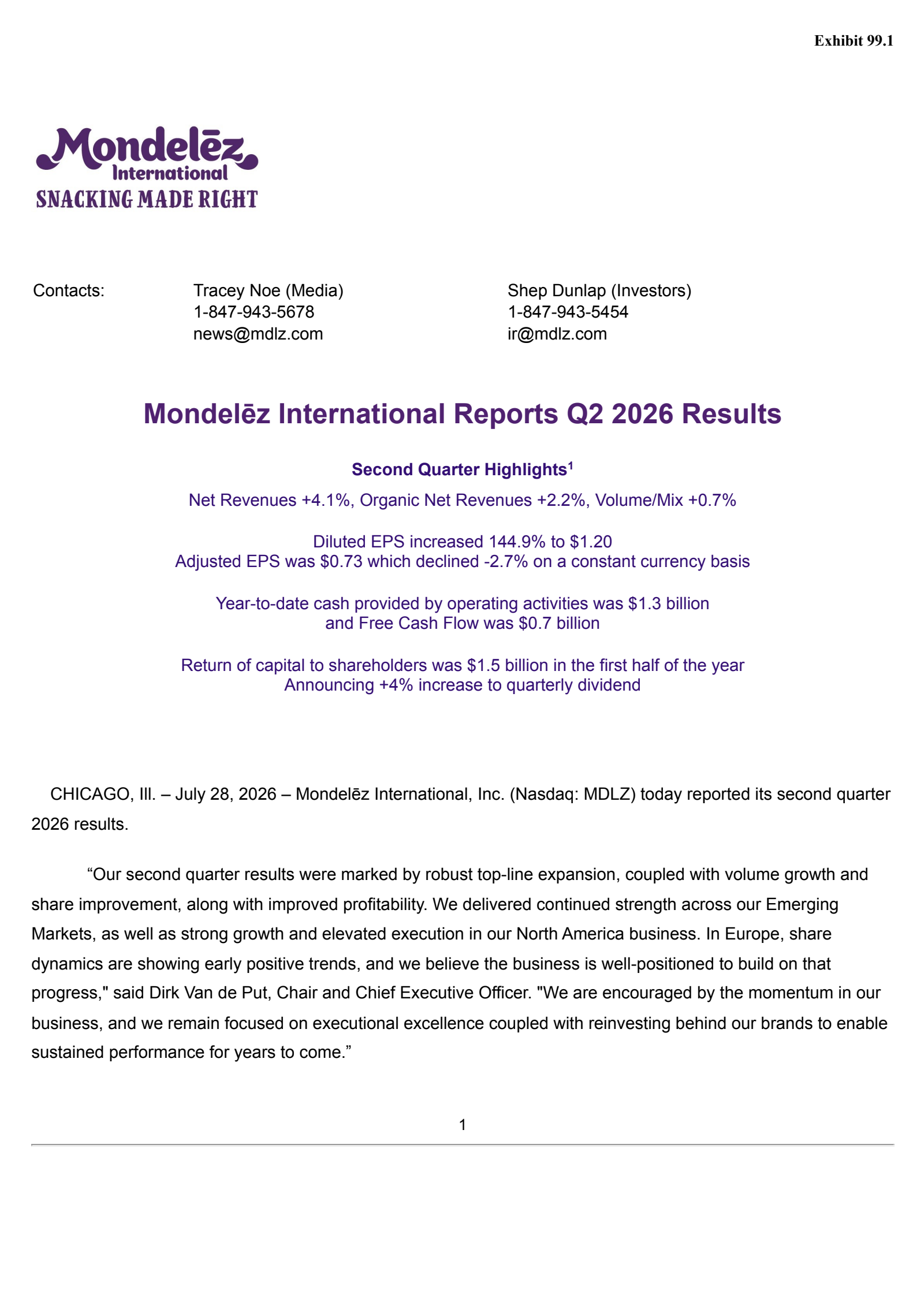 Mondelez International's Q2 2026 Press Release