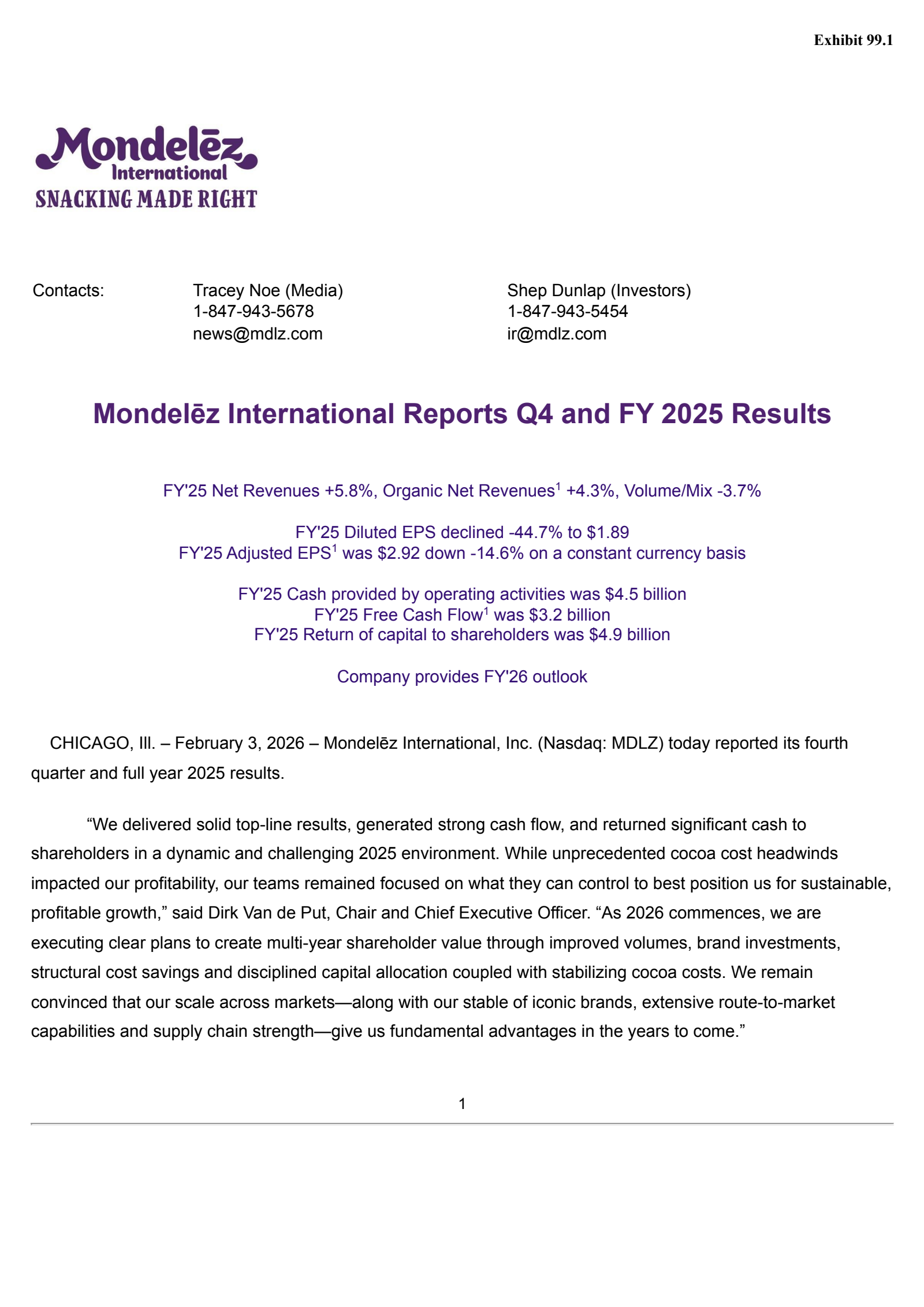 Mondelez International's Q4 2025 Press Release
