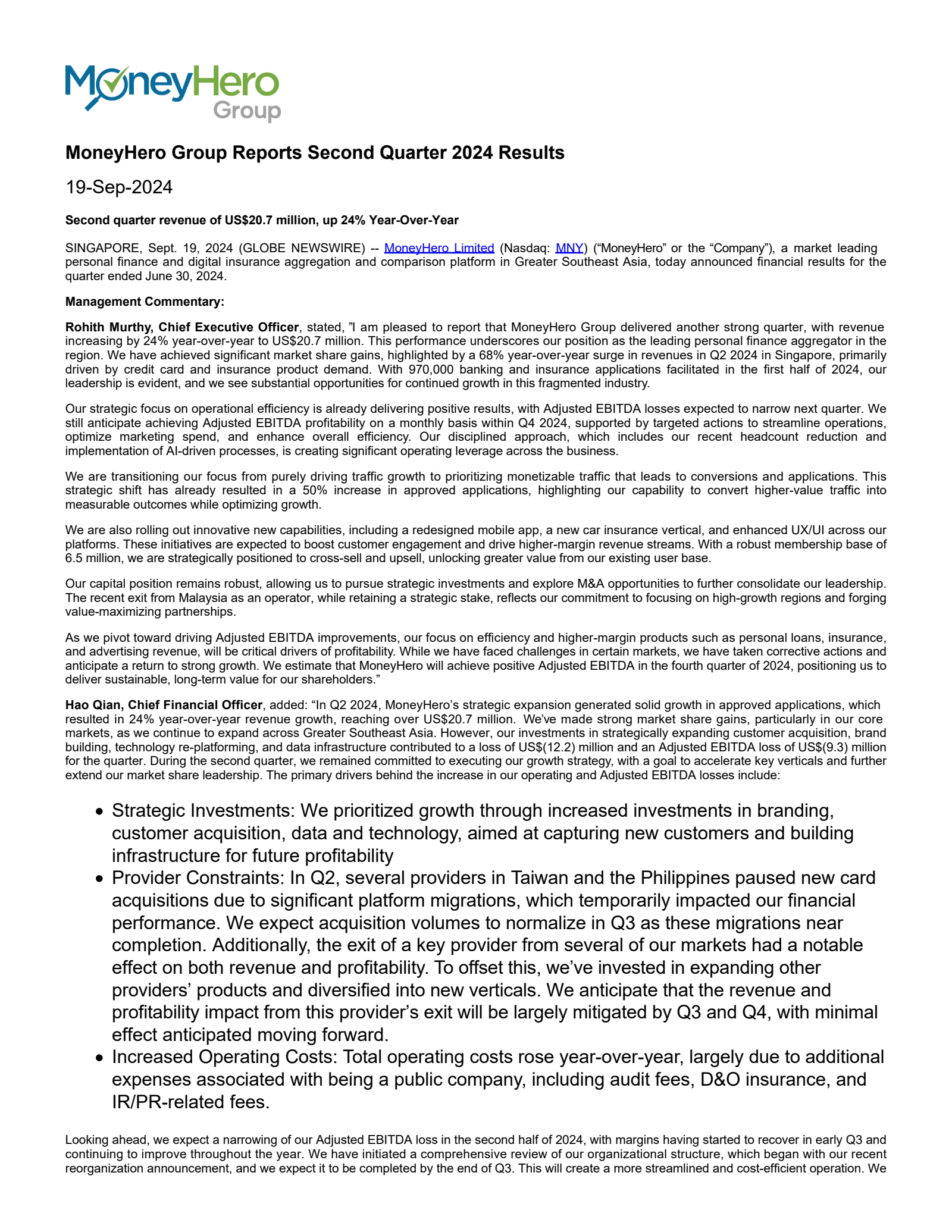 MoneyHero's Q2 2024 Press Release