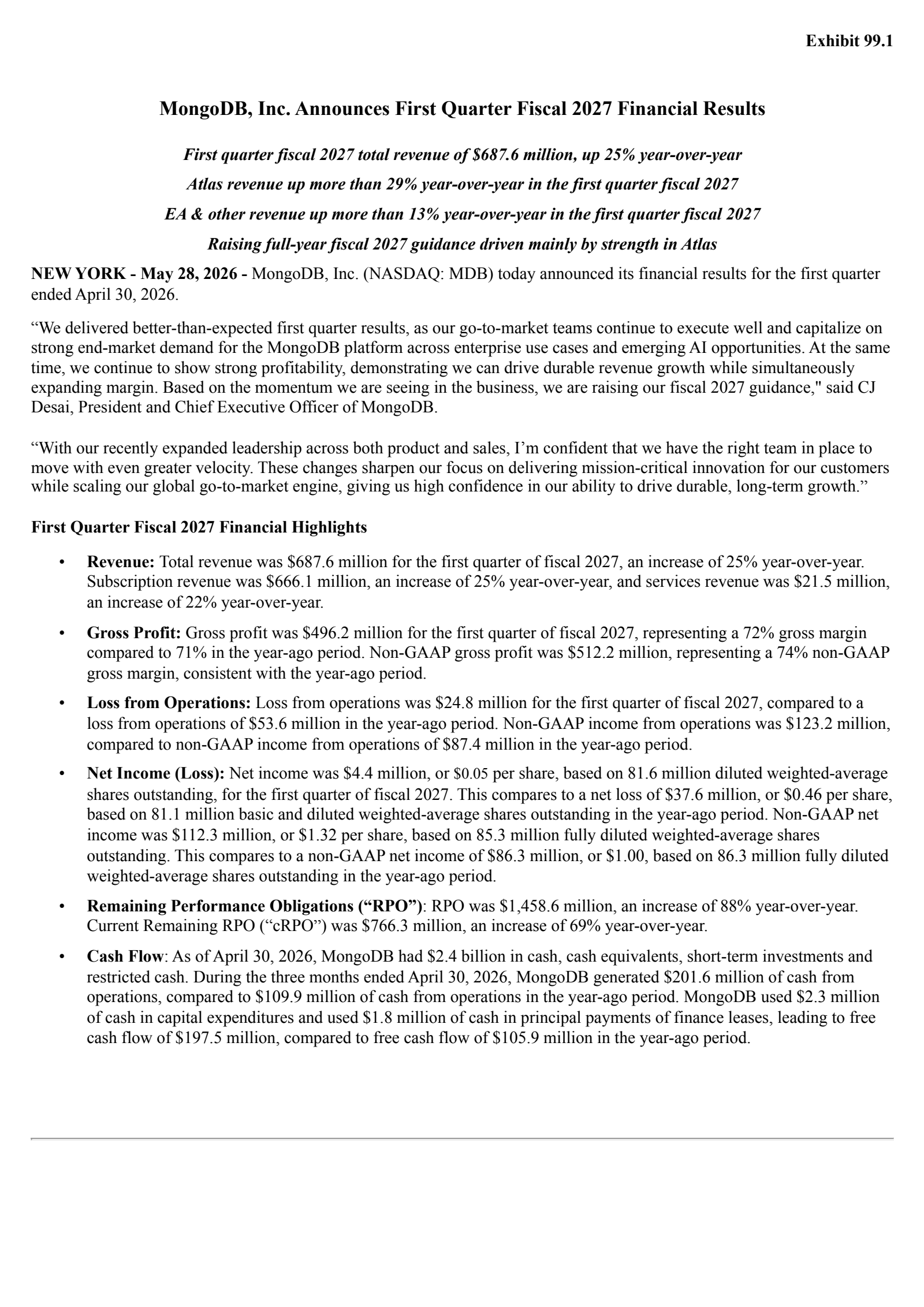 MongoDB's Q1 2027 Press Release