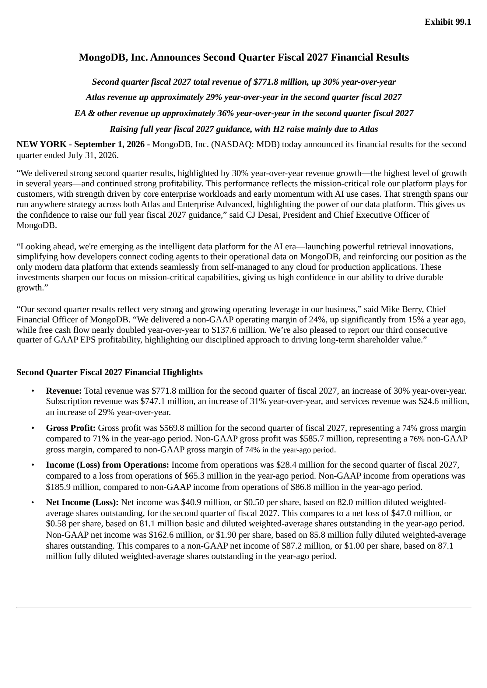 MongoDB's Q2 2027 Press Release