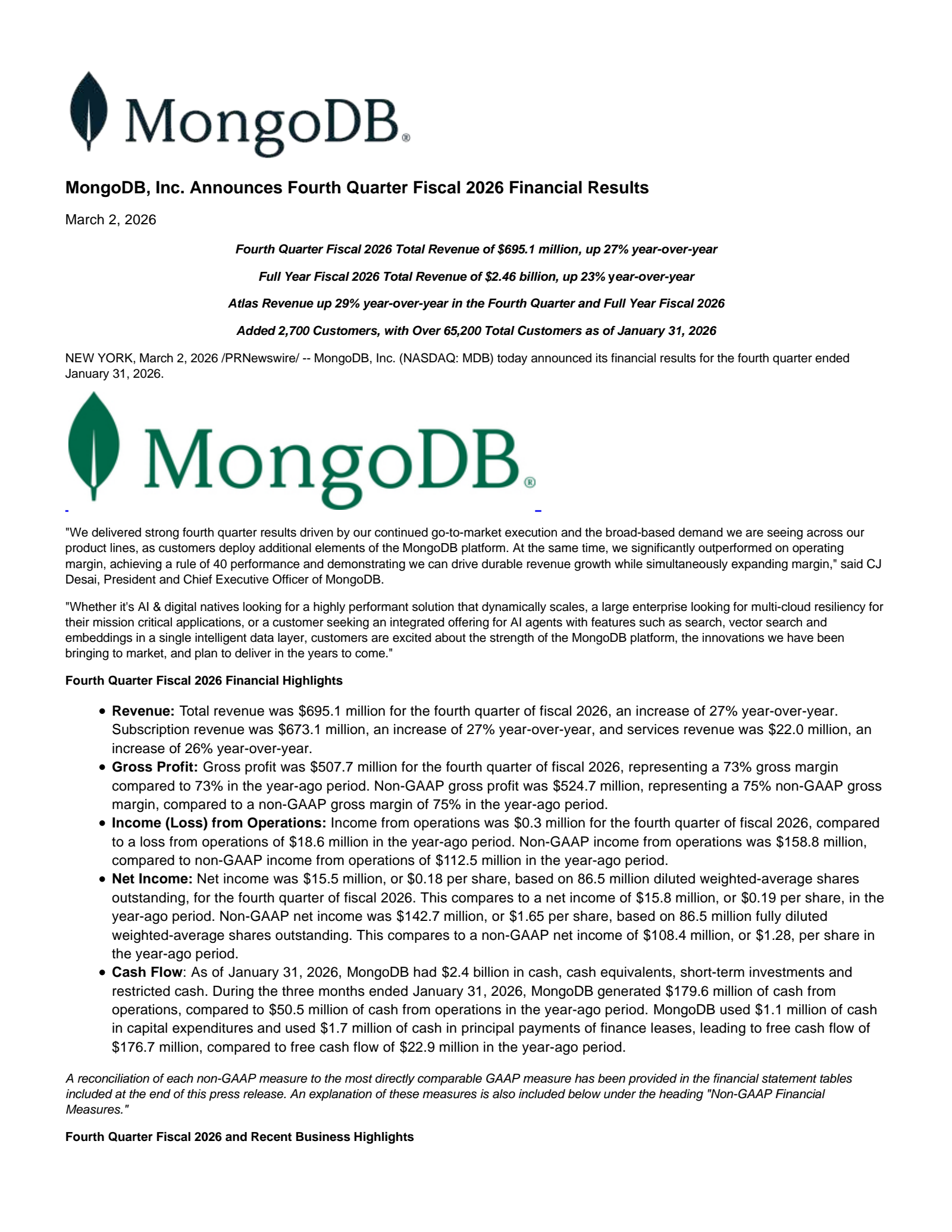 MongoDB's Q4 2026 Press Release