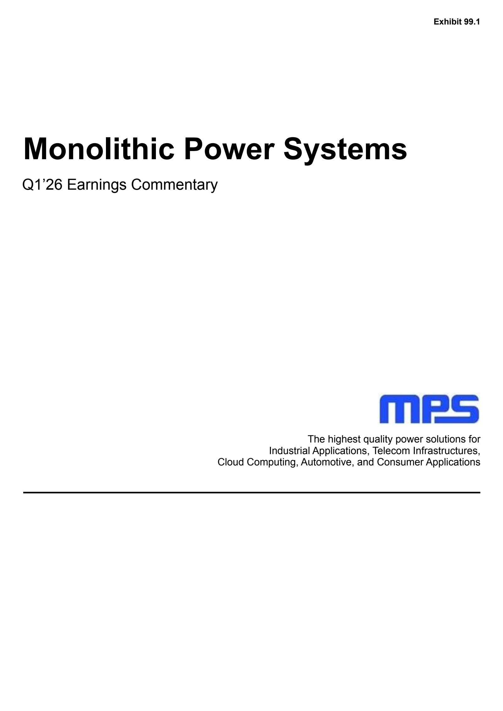 Monolithic Power Systems' Q1 2026 Press Release